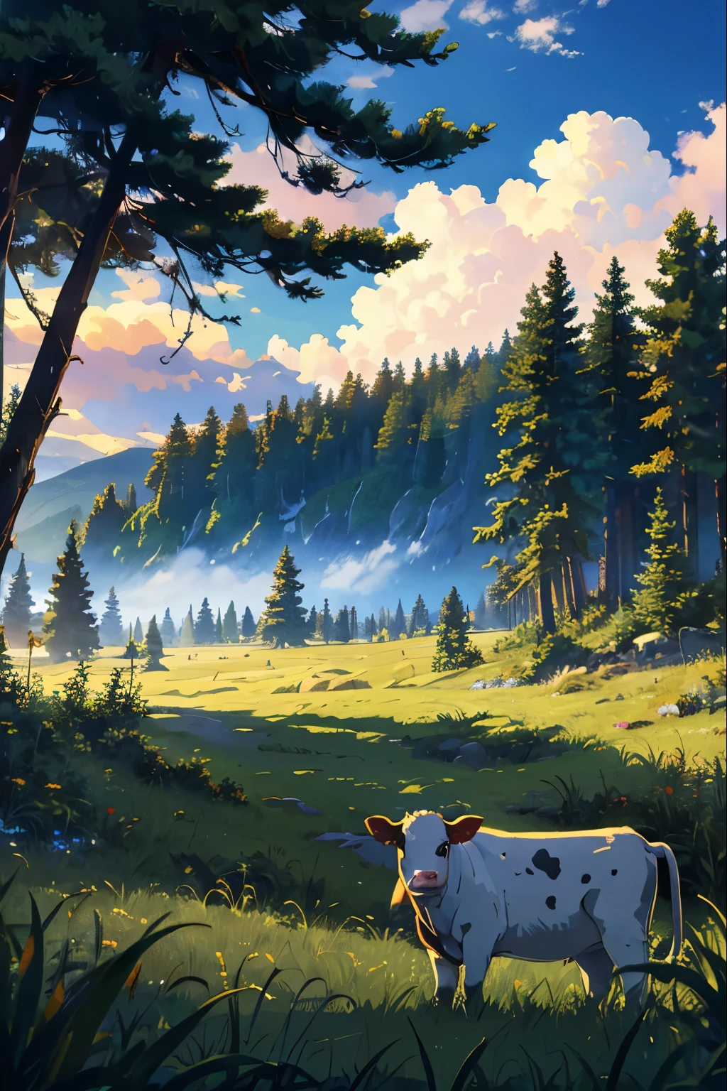 cow,
BREAK (masterpiece, best quality:1.2), outdoors, nature, forest, pines, grass, tall grass, detailed grass, plants, day, clouds,