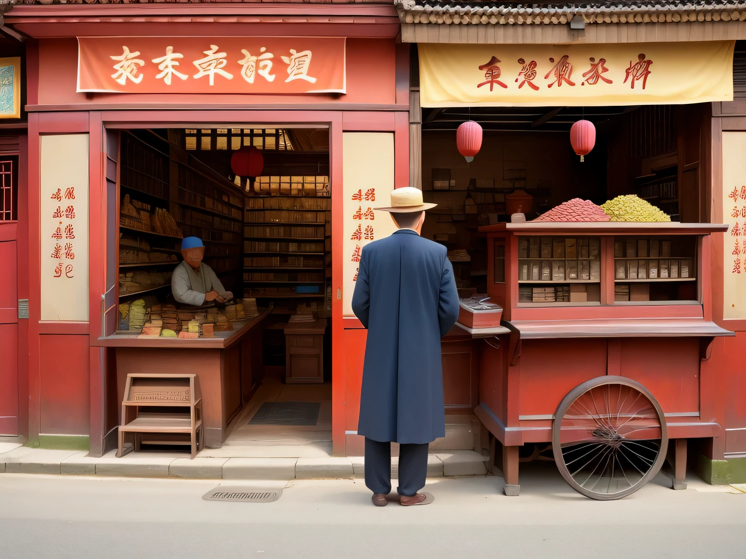 An old shopkeeper selling antiques in China,Generate three views,This is the front view、side view and rear view,Maintain consistency and uniformity