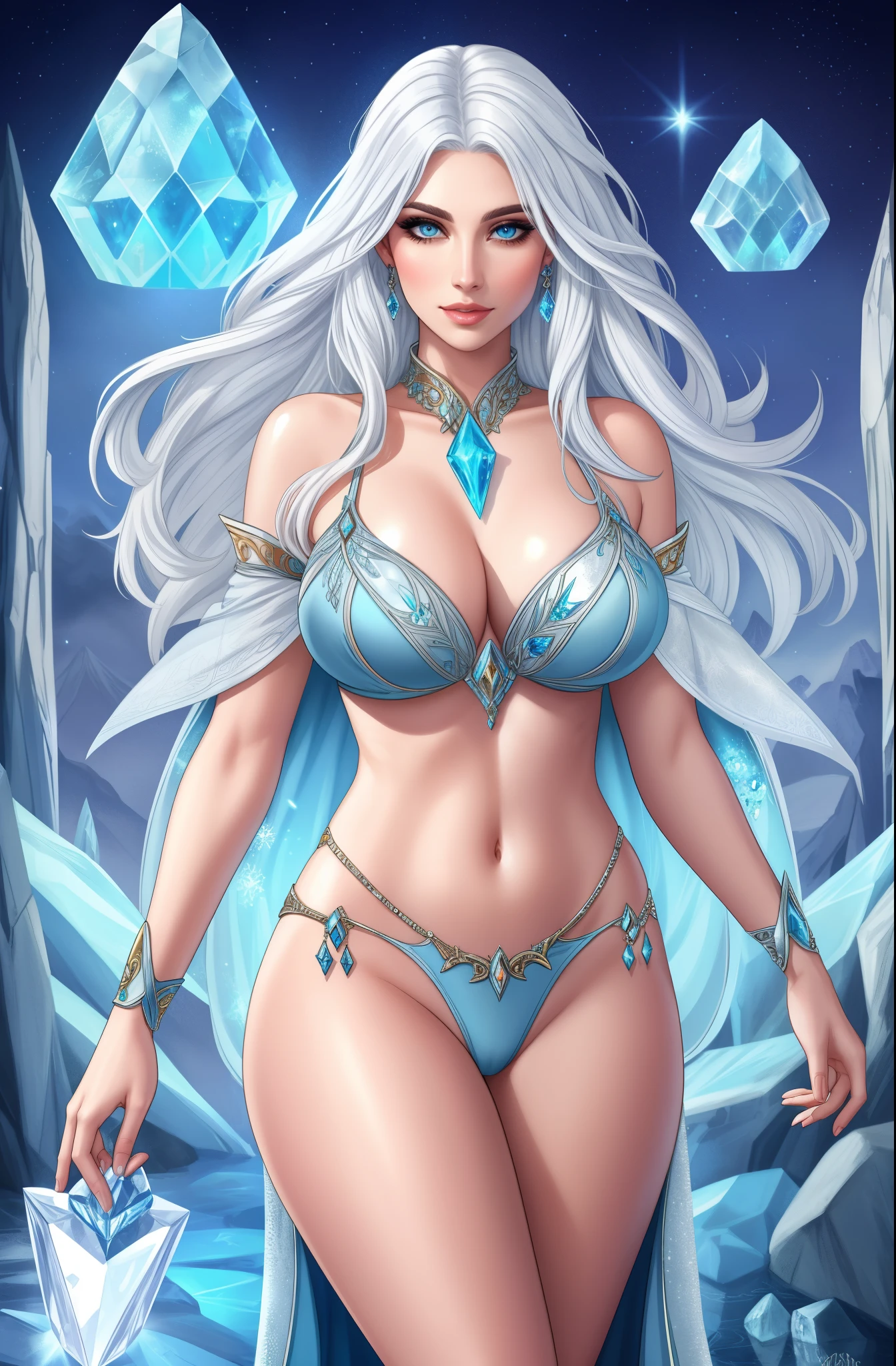 Fantasy Female sorceress, icy white hair, nordic, fair skin, crystals