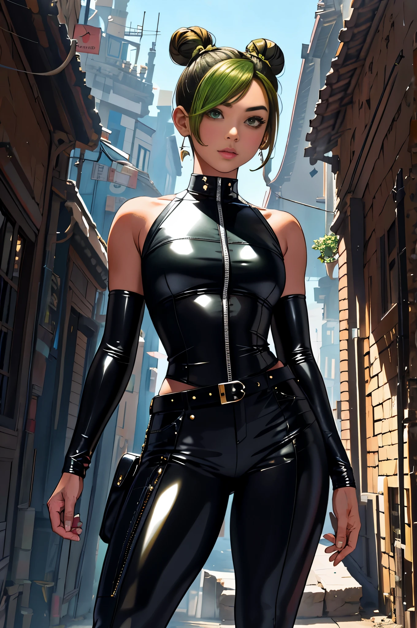 Obra maestra, Mejor calidad, high resolution, 1 chica, solo, pelo negro, banda para el cabello, belt, cabello corto, tight leather clothes, Ojos verdes, Bun, mangas cortas, pelvic curtain, roca, exterior,