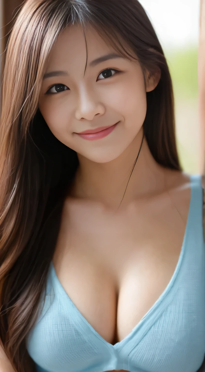 Japanese ),((beautiful girl)),cleavage,An expression that imagines something pleasant:1.2,(perfect body beauty:1.2),((perfect body)),(shy smile),beautiful teeth,