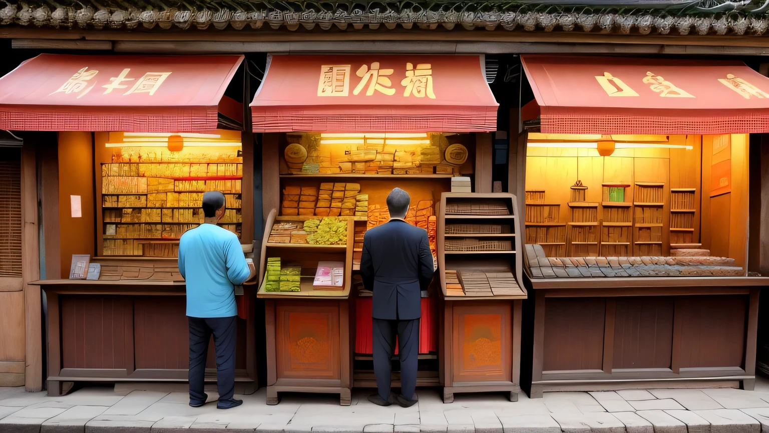 An old shopkeeper selling antiques in China,Generate three views,This is the front view、side view and rear view,Maintain consistency and uniformity