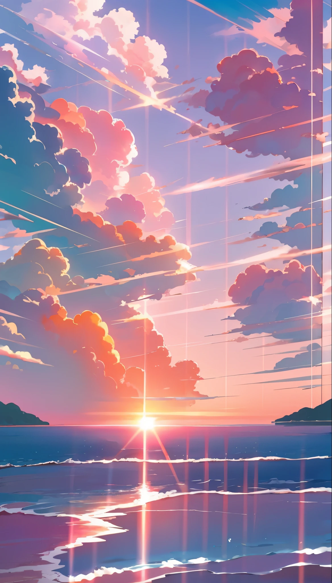 sea, sunset, beautiful delicate pink and blue shades, rays of the orange sun setting over the horizon, calm turquoise waves, calm, Beautiful ocean, glare of the sun on the water, A very delicate picture, beautiful lush clouds. anime, anime wallpaper 4k, anime wallpaper 4 k