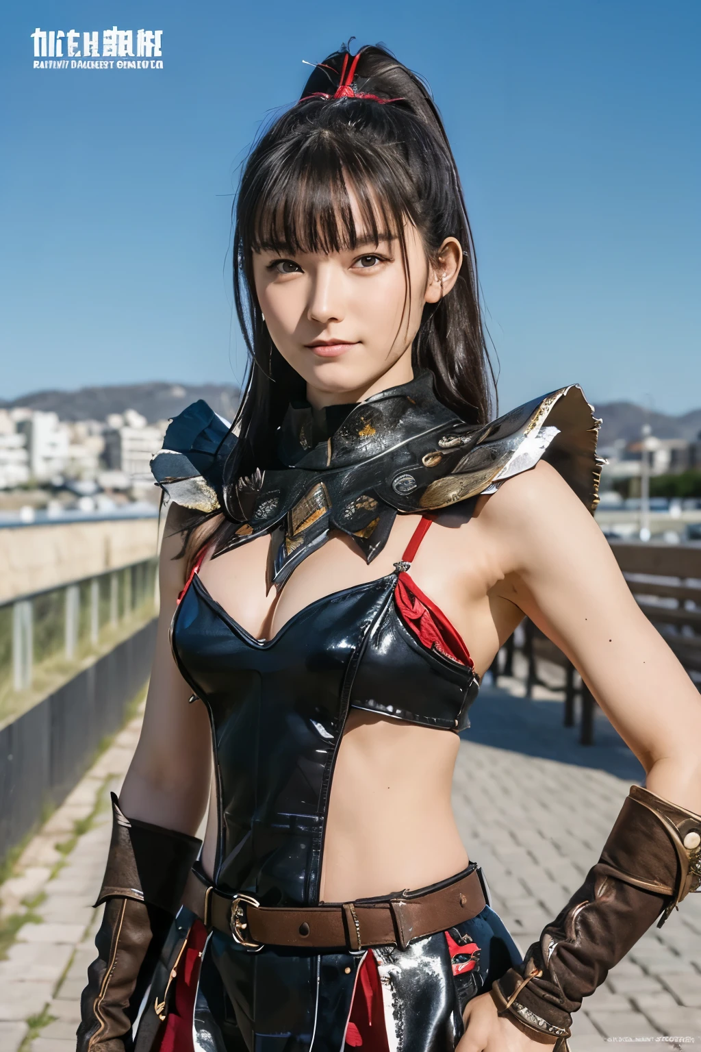 (highest quality:1.2),masterpiece,Ultra-high precision photos,(perfect beautiful face 1.2),(perfect and beautiful posture:1.2),(female barbarian:1.2),ponytail,clear eyes,She wears beautiful black armor with a red dot., in a fortified city,smile,peace sign
