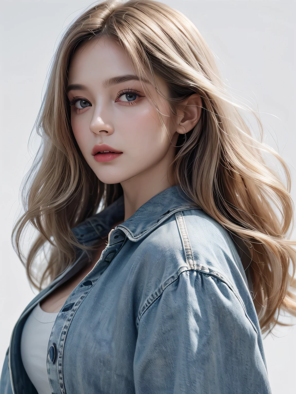 (8k, highest quality, High resolution, RAW photo, masterpiece :1.3), beautiful adult woman, Long contour, ((pure white background)), (long coat, shirt, Long skirt made of denim material), (loose wavy bob hair), ((Accurately express details such as faces and skin textures)), take a pose,