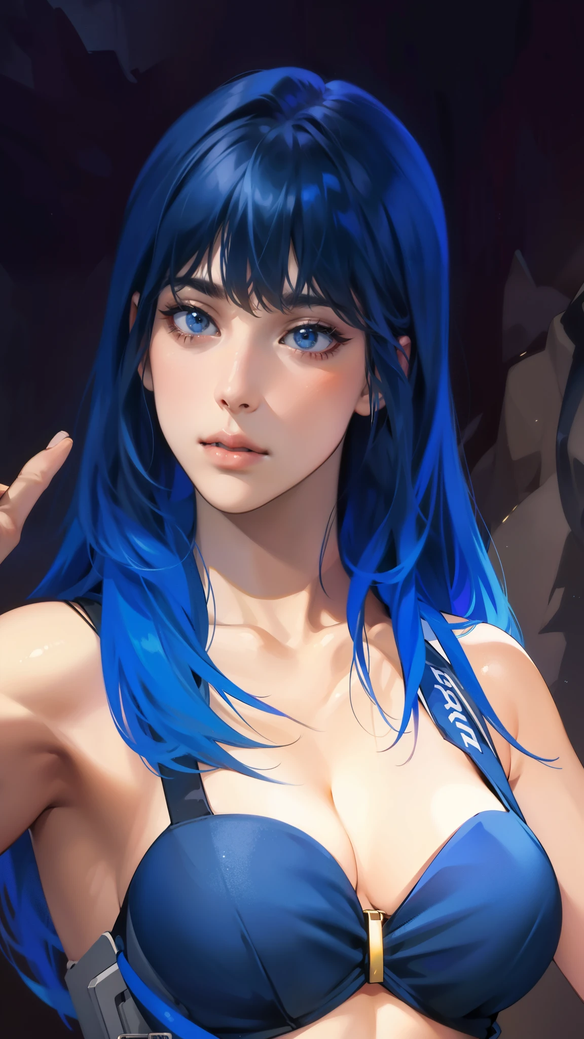 Masterpiece, high quality, best quality, HD, realistic, perfect lighting, detailed body, 1 girl, dark blue hair, face expression, black military suit, in the cave, Big breasts