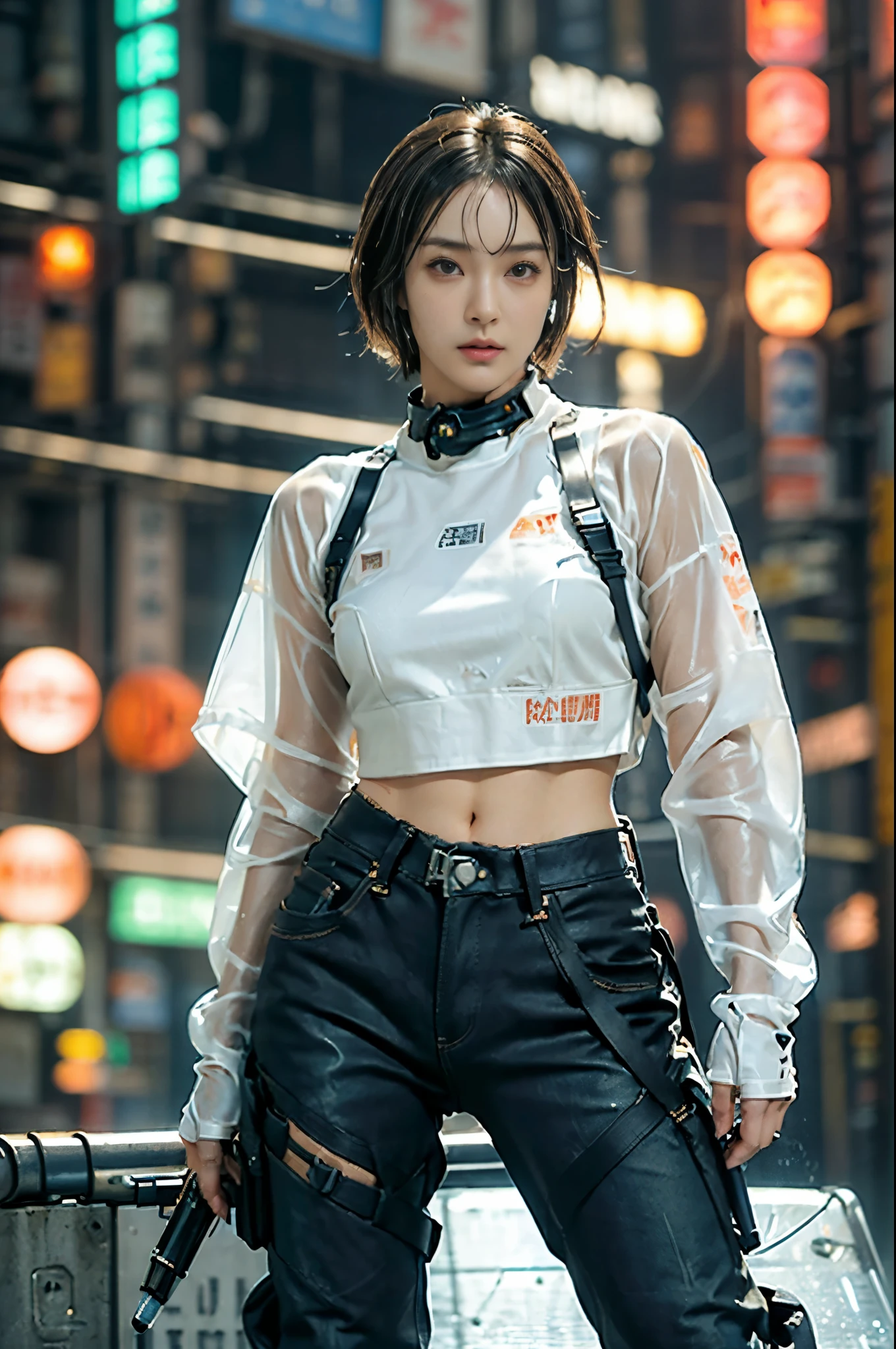 (masterpiece:1.2), (actual, photo actual:1.37), perfect anatomy, Very detailed background, skin shiny, (famous japanese actress:1.5), (promote), flat chest, brown people, dark skin, blond, (very short hair:1.2), light, (dynamic poses:1.4), Cowboy shooting, jeans, (urban tech wear:1.5), (wet hair, a damp cloth, water drops on skin:1.1), (Cyberpunk City, neon, laser:1.3),