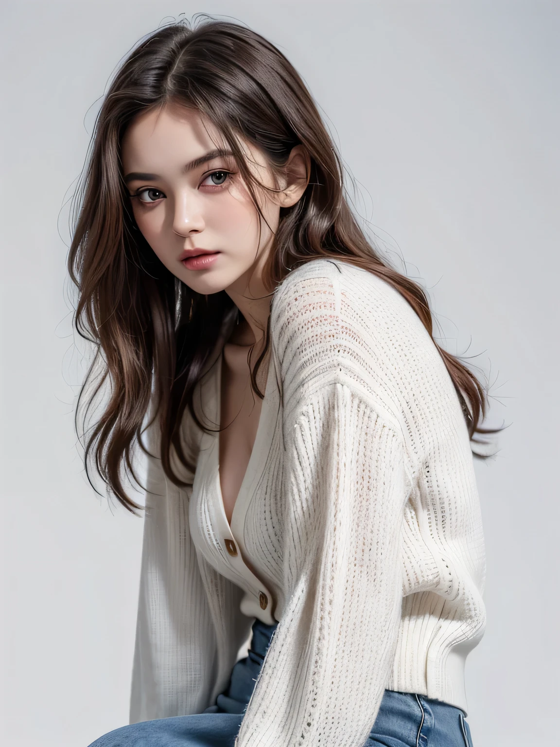 (8k, highest quality, High resolution, RAW photo, masterpiece :1.3), beautiful adult woman, Long contour, ((pure white background)), (cardigan, shirt, Long skirt made of denim material), (loose wavy bob hair), ((Accurately express details such as faces and skin textures)), take a pose,