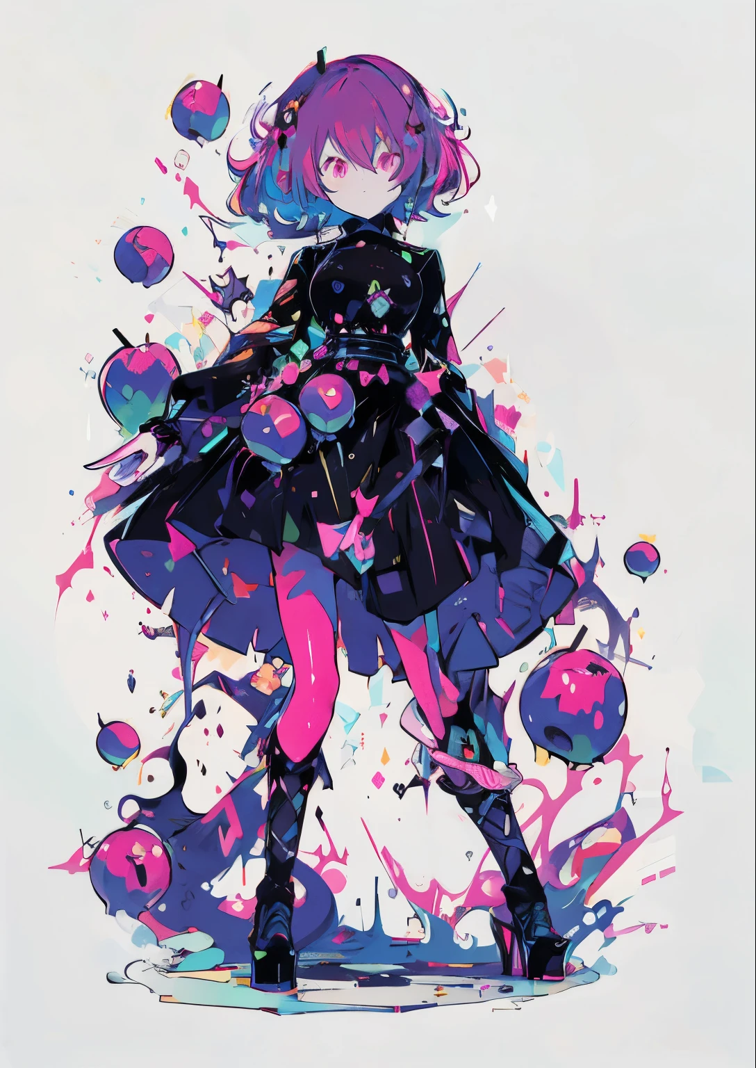 Woman facing front, woman's hair fluorescent pink, molten black costume, fluorescent stockings, poisonous apples, splashes of fluorescent poison, black high heels,