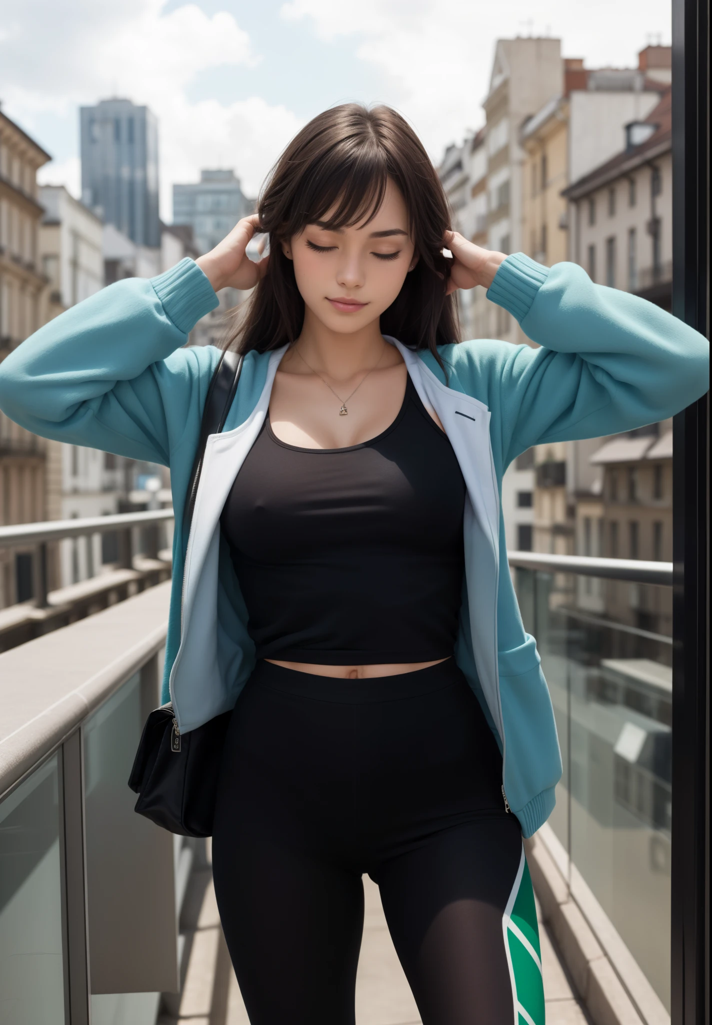 Girls, Bangs, European, Russian race, Girl, slim, 21 years old, Height 160cm, medium breasts, background city, clouded sky, flying plane, black hair, long hair, Simple background, hands behind back, hands covered by hair, hands behind head, eyes closed, closed eyes, blinked, blinking, blue top, green sweatshirt, green sports shorts, cleavage, Solo, (Shiny skin),(Masterpiece:1.4),(Best quality:1.4), sweat, whole body, random pose, hot, delicacy