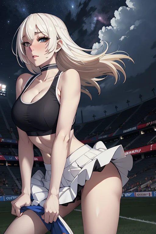 white sports bra, cleavage, black mini skirt, wind blowing skirt, upskirt, blush, white hair, blonde, perfect breasts, night sky, sports ground
