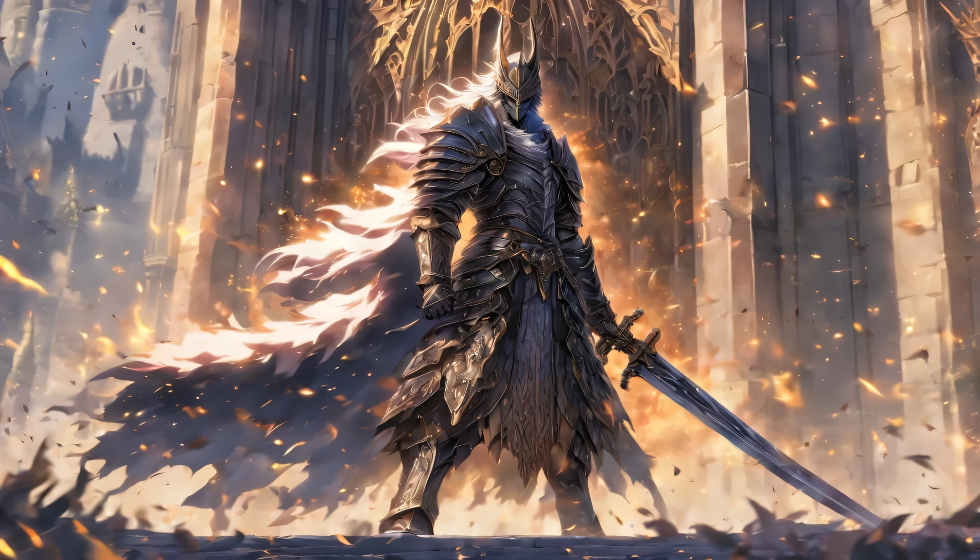 Animated character holding a knife in front of a building, fallen article, from ararticles, gothic article, evil article, A wolf'style, fantasy article, article, Royal Emperor, dark souls article, grey-white plated armor, Wearing heavy armor with a cloak, Black heavy armor with gold trim, Smooth animated CG art, aorta, shining sword