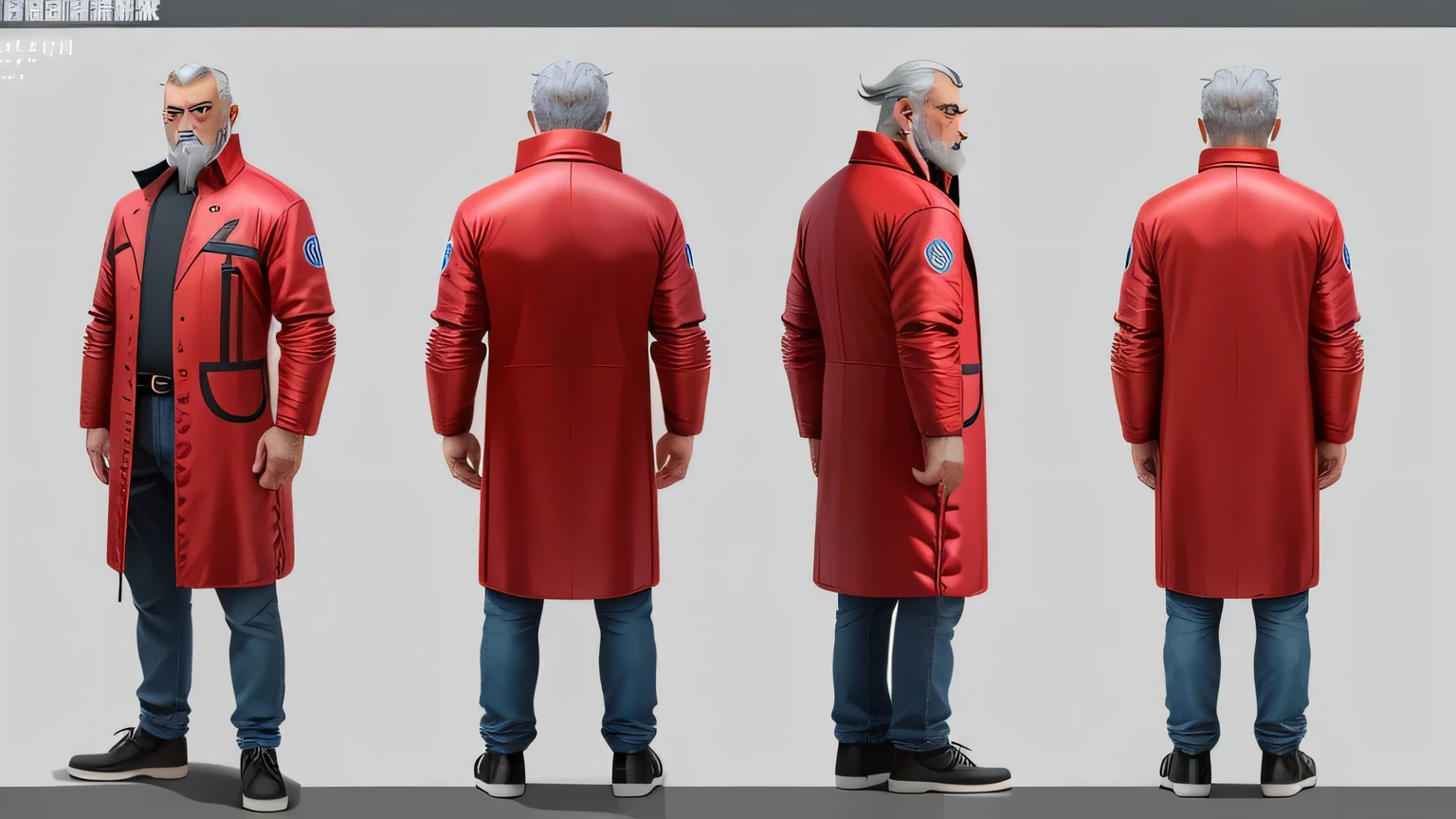 50 year old male character,Generate three views,Front view、side view and rear view,Maintain consistency and uniformity