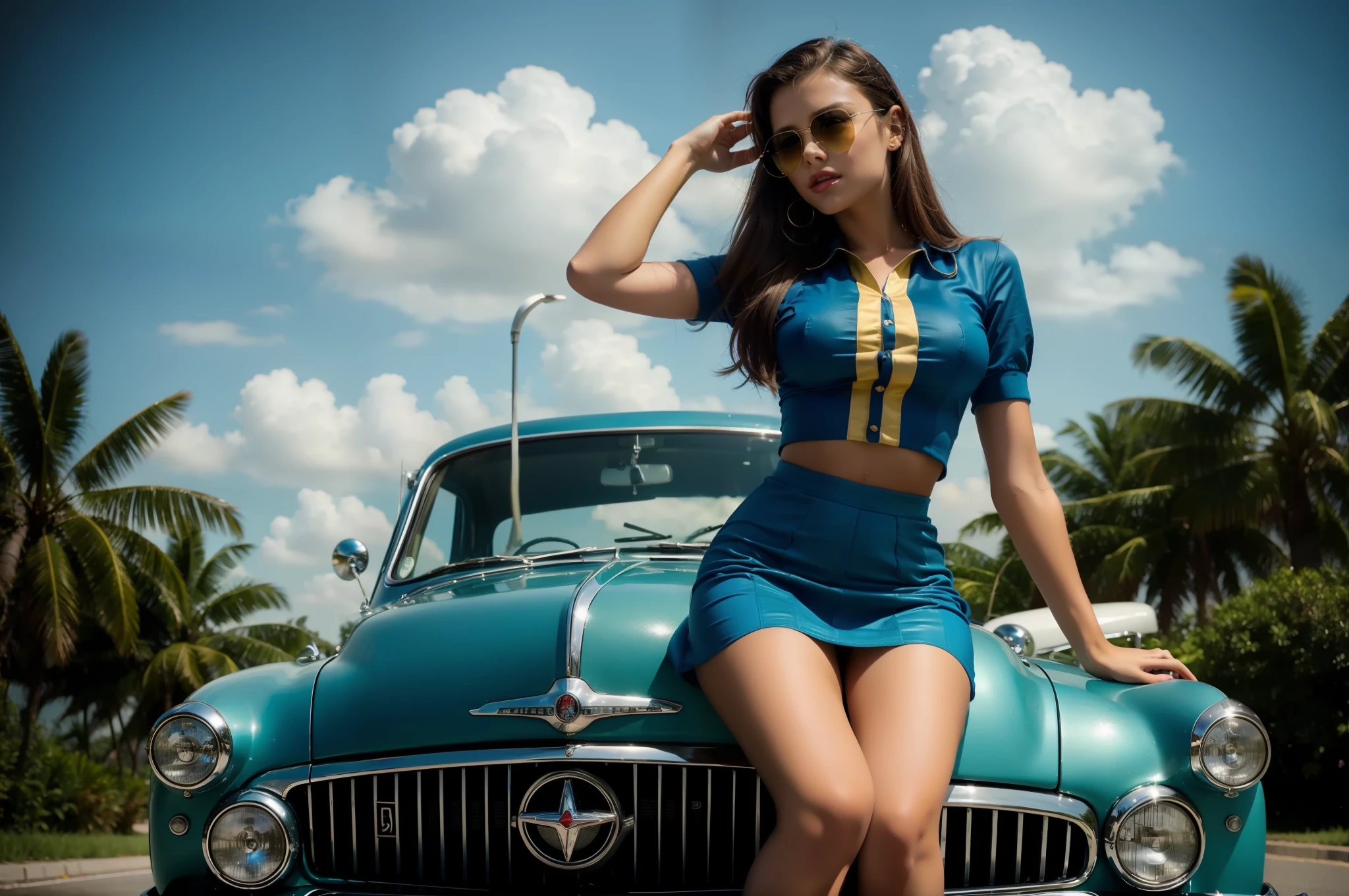 A photographic pin up of a stunning beautiful girl, sitting on the bonnet of a vintage Hudson Hornet car from the 1950s. ((1 girl , solo)), ((1 people))The girl should have long curvy hair and be dressed in a blue and gold crop top and short skirt (vaultGirl uniform), and a pair of sunglasses perched on her head. The overall mood of the image should be one of glamour, fun, and adventure. 1950retrofuturistic. dramatic and stunning award winning photo, dramatic linear delicacy, shot on Sony aiii high resolution digital camera, hyper realistic skin, global illumination, very natural features, TIME cover photo, f/11 --ar 2:3 --style raw --v6