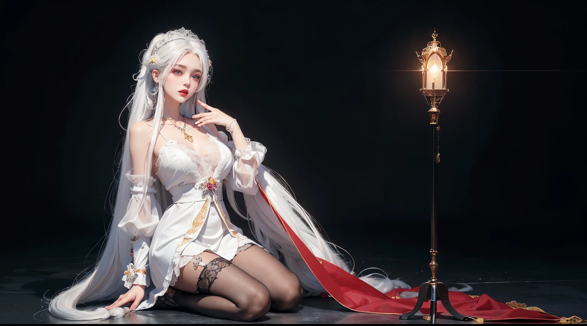 (((Colorful hair, [white hair]))), Hyper-realistic 8K CG, perfect face, flawless, Clean, masterpiece, professional artwork, famous artwork, light, bloom, is a perfect face,(young:1.2),((20 years old)), pretty face, beautiful eyes, (((perfect female figure, Willow Yao))), young公主, royal, holy, welcome, holy, (royal palace), fantasy, like a dream, Unreal, Science fiction, (normal:1.2), lolita costume，beautiful clothes, lace, lace edges, lace-trimmed tights, NSFW,, Ridiculously long hair, very long hair, (rich:1.4), necklace, ear nipple ring, bracelet, armband, view viewer,(child:1), (Hands have up to five fingers), (red lips)