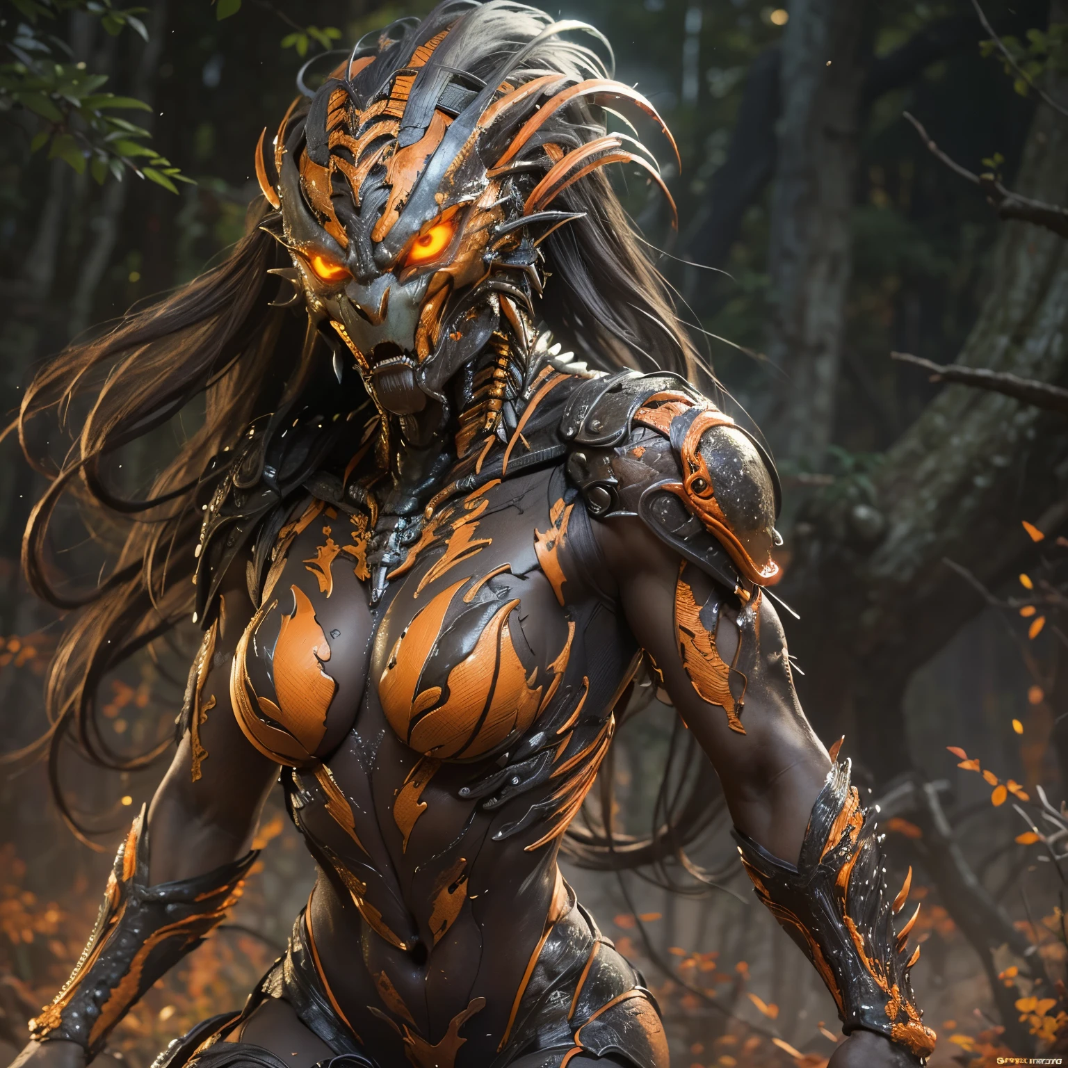 1 female alien, The predator, (extremely beautiful:1.2), (intense gaze:1.4), (predator:1.5), long dark claws, (NSFW:0.8), thick eyebrows, (shining orange eyes:1.5), the most beautiful face in the universe, plutinum blond hair, symmetrical beautiful eyes,

A woman predator with an extremely beautiful face, her intense gaze fixed on her prey, a primal force that could not be denied.

(beautiful lean body:1.5), (muscular build:1.2), (prowling:1.3), (sleek movements:1.4)

Her beautiful body, muscular and toned, moved with sleek grace as she prowled, ready to strike at a moment's notice. The predator within her was always on,                                                                          
                                                                                                                                                               
 cinematic drawing of characters, ultra high quality model, cinematic quality, detail up, (Intricate details:1.2), High resolution, High Definition, drawing faithfully, Official art, Unity 8K wall , 8K Portrait, Best Quality, Very High resolution, ultra detailed artistic photography,