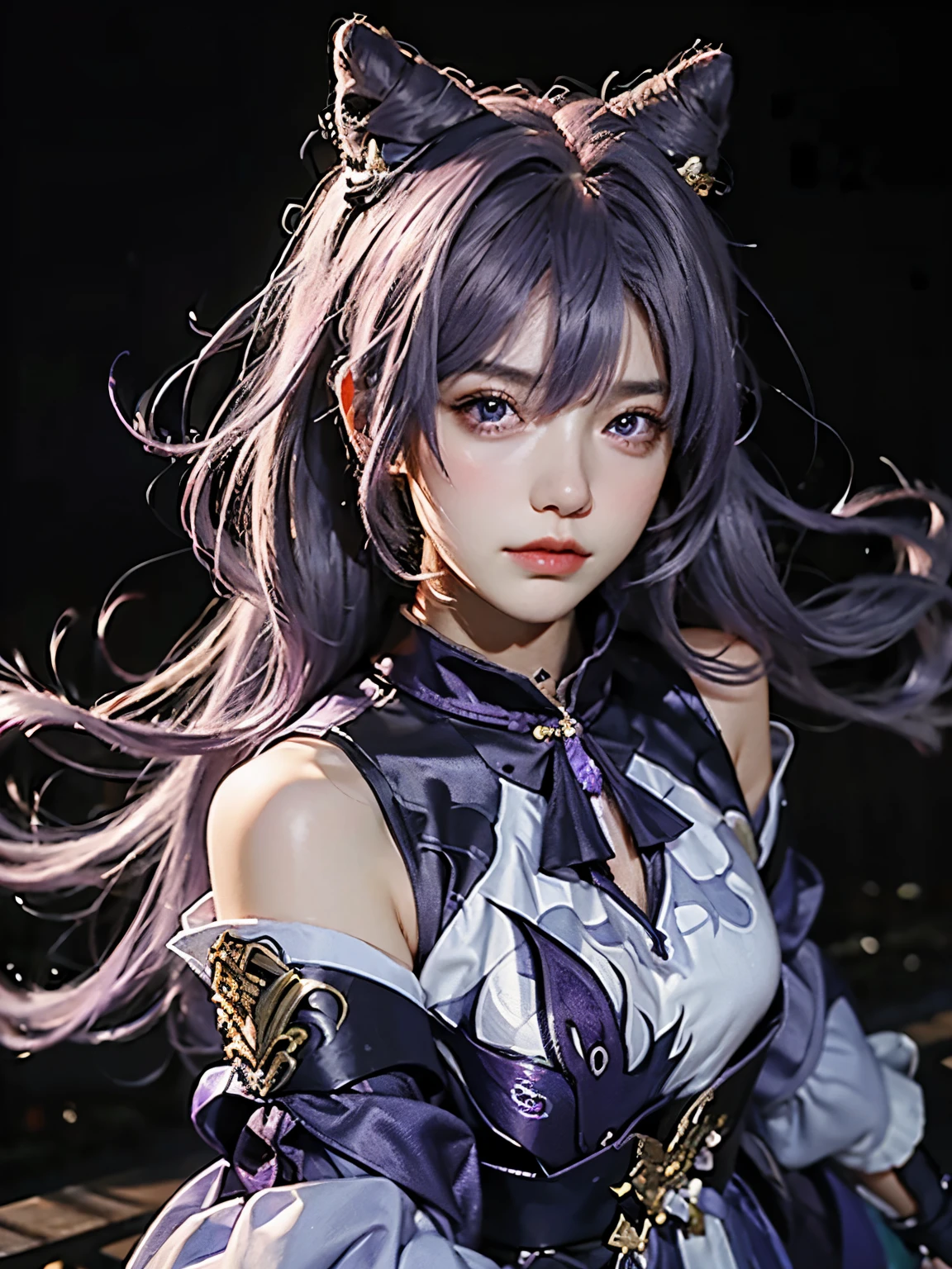 Masterpiece, best quality, detail, depth of field, ultra-realistic, realistic face and eyes, realistic skin texture, cinematic lighting, eyes to see the audience. 1 girl, solo, (frown, closed mouth), keqing_\(genshin_impact\), purple_eyes, purple hair, double tail, sharp eyes, serious face, gloves, black stockings, outdoor, purple lightning, fileg, lightning glowing sword, purple lightning, upper body