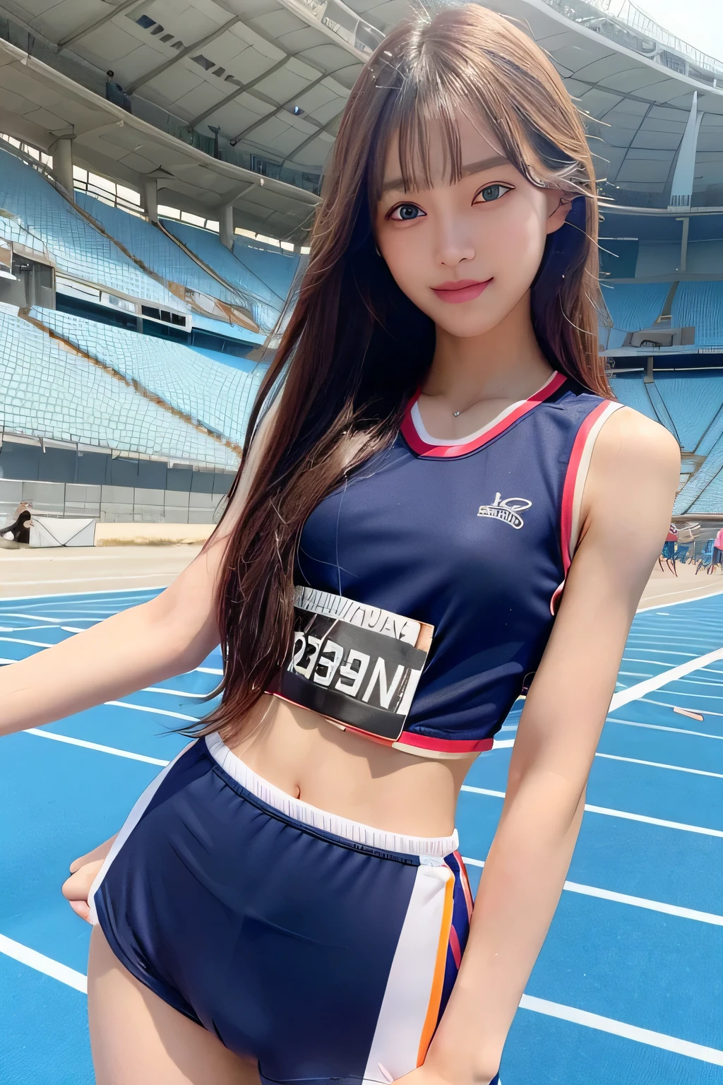 pieces fly、masterpiece、highest quality、Super detailed、High resolution、High resolution、8K portrait、Unity 8k壁紙のHigh resolutionCG、unity 8k wallpaper、cute:1.5、:1.5、Highly detailed CG unity 8k wallpaper、realistic、real person、cute、 portrait photography、shiny skin、High resolution、(20-year-old:1.2)、(1 girl)、beautiful clear eyes、very detailed explanation、delicate face、nice lips、slender body、thin waist、long and thin legs、(athletics stadium:1.3)、(small breasts:1.4)、(Colorful sleeveless track and field uniform:1.4)、(The nipples are transparent:1.4)、(smile:1.2)、(abs:1.4)、(take a pose:1.3)