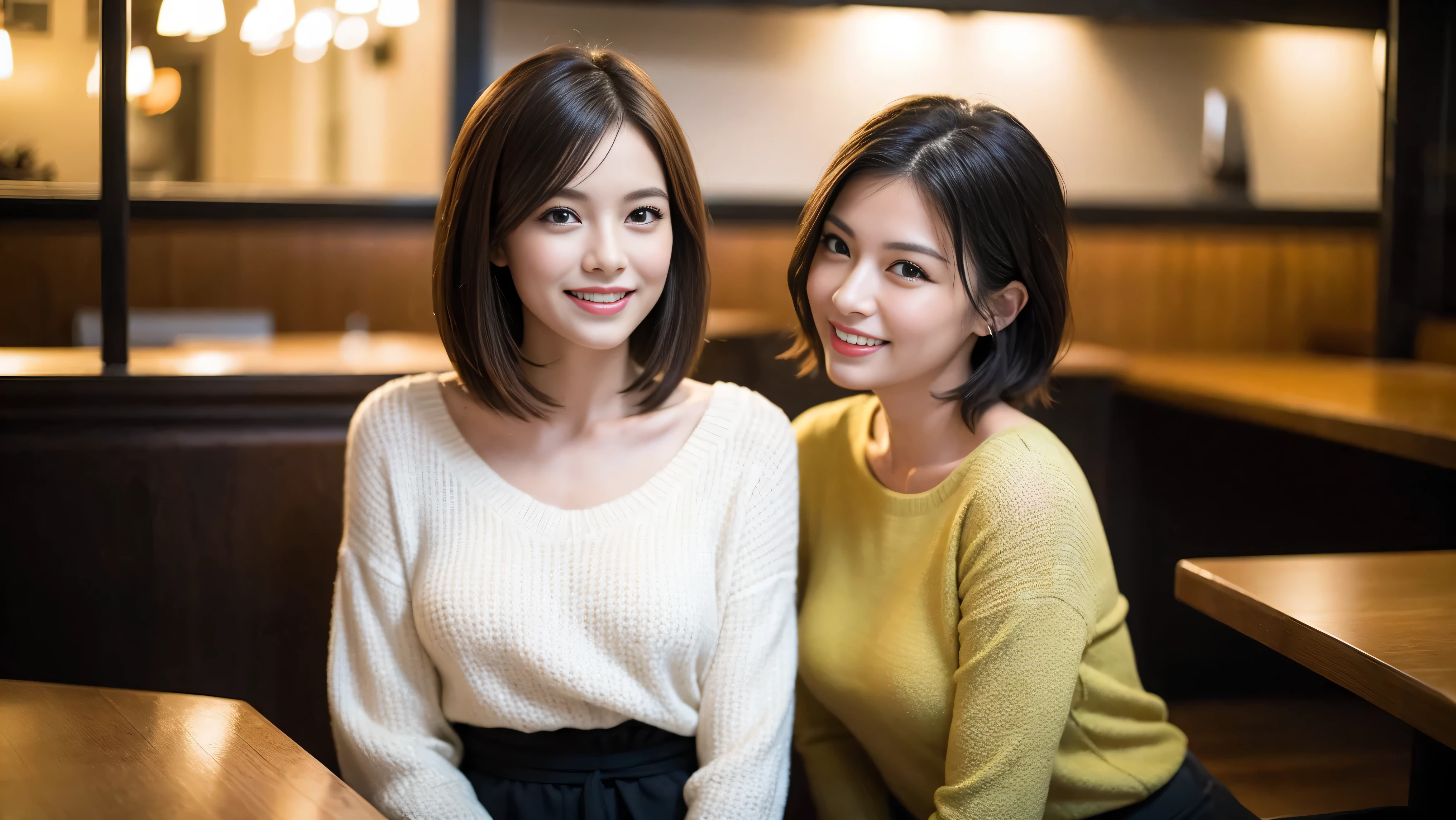 (including 64k、nffsw、highest quality、masterpiece:1.2)、(realistic、Photoreal:1.37)、Super detailed、wine glass、while enjoying wine、mature woman、two beautiful women、(slim face)、(because I'thin)、(brown hair)、(shortcut)、Latino、smileのフランス人女性、happy italian girl、british woman、Americana、cheeks are a little red、(38 years)、42 years old、35 years old、red wine、窓の外には美しく緻密なnight景が広がります.......、restaurant、目立つ場所にあるwine glass、night、(from the waist up)、sit on top、date、(laughter:1.15)、thin and beautiful eyes、cashmere sweater、long sleeve dress、Japanese、(short hair:1.2)、Float NovaFrogStyle、、modeled、from the waist up、White wine、turned into slime、wine glass、超綺麗なnight景、wine glassを真ん中に置きます、smile、(8k、RAW photo、highest quality、masterpiece:1.2)、(realistic、Photoreal:1.37)、Super detailed、ultra high resolution、2 females、see the beholder、beautiful and detailed face、laughter、narrow、(slim waist) :1.3)、knit shirt、Fine and beautiful skin、skin texture、floating hair、professional light needle breast、kind eyes