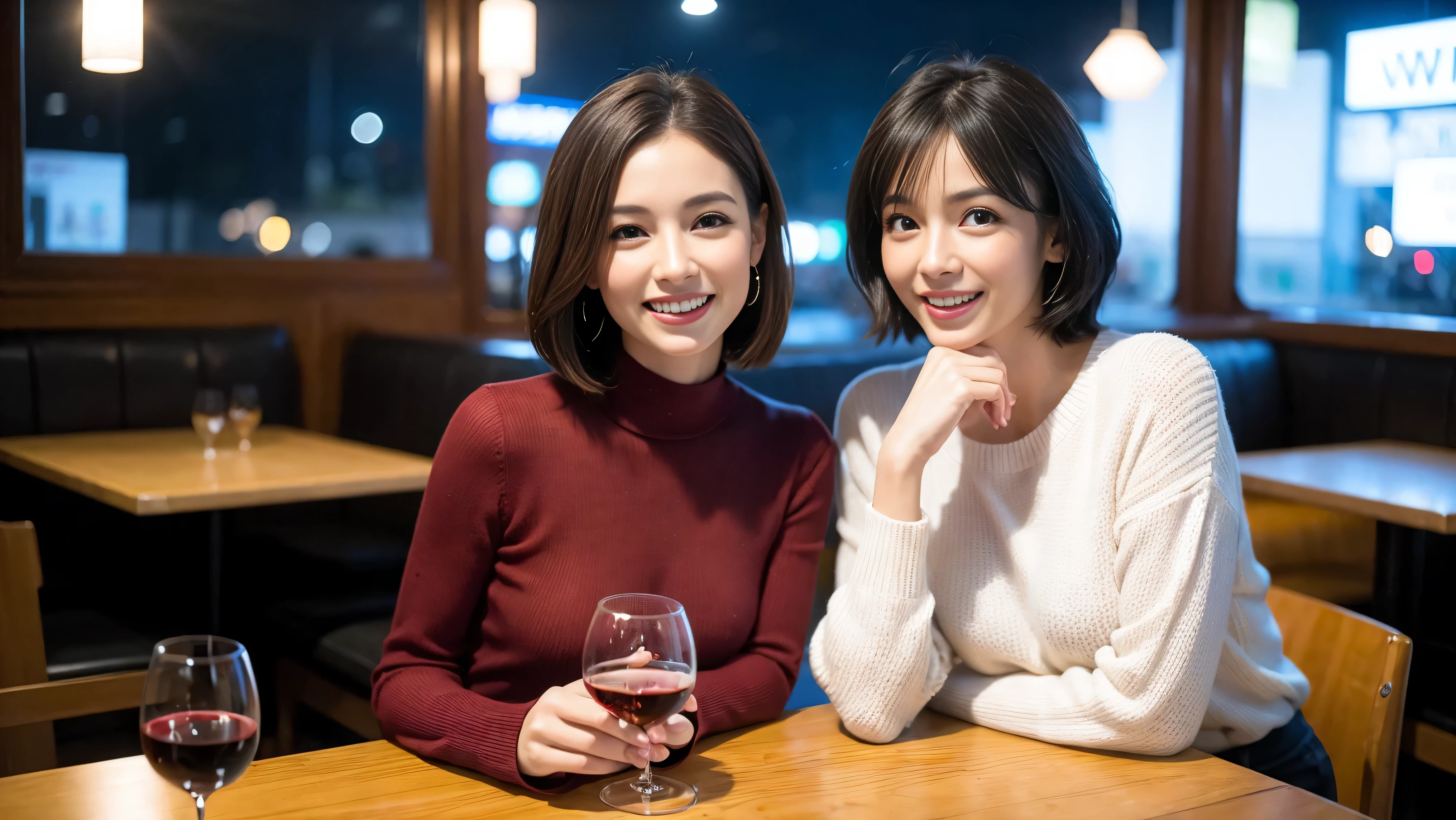 (including 64k、nffsw、highest quality、masterpiece:1.2)、(realistic、Photoreal:1.37)、Super detailed、wine glass、while enjoying wine、mature woman、two beautiful women、(slim face)、(because I'thin)、(brown hair)、(shortcut)、Latino、smileのフランス人女性、happy italian girl、british woman、Americana、cheeks are a little red、(38 years)、42 years old、35 years old、red wine、窓の外には美しく緻密なnight景が広がります.......、restaurant、目立つ場所にあるwine glass、night、(from the waist up)、sit on top、date、(laughter:1.15)、thin and beautiful eyes、cashmere sweater、long sleeve dress、Japanese、(short hair:1.2)、Float NovaFrogStyle、、modeled、from the waist up、White wine、turned into slime、wine glass、超綺麗なnight景、wine glassを真ん中に置きます、smile、(8k、RAW photo、highest quality、masterpiece:1.2)、(realistic、Photoreal:1.37)、Super detailed、ultra high resolution、2 females、see the beholder、beautiful and detailed face、laughter、narrow、(slim waist) :1.3)、knit shirt、Fine and beautiful skin、skin texture、floating hair、professional light needle breast、kind eyes