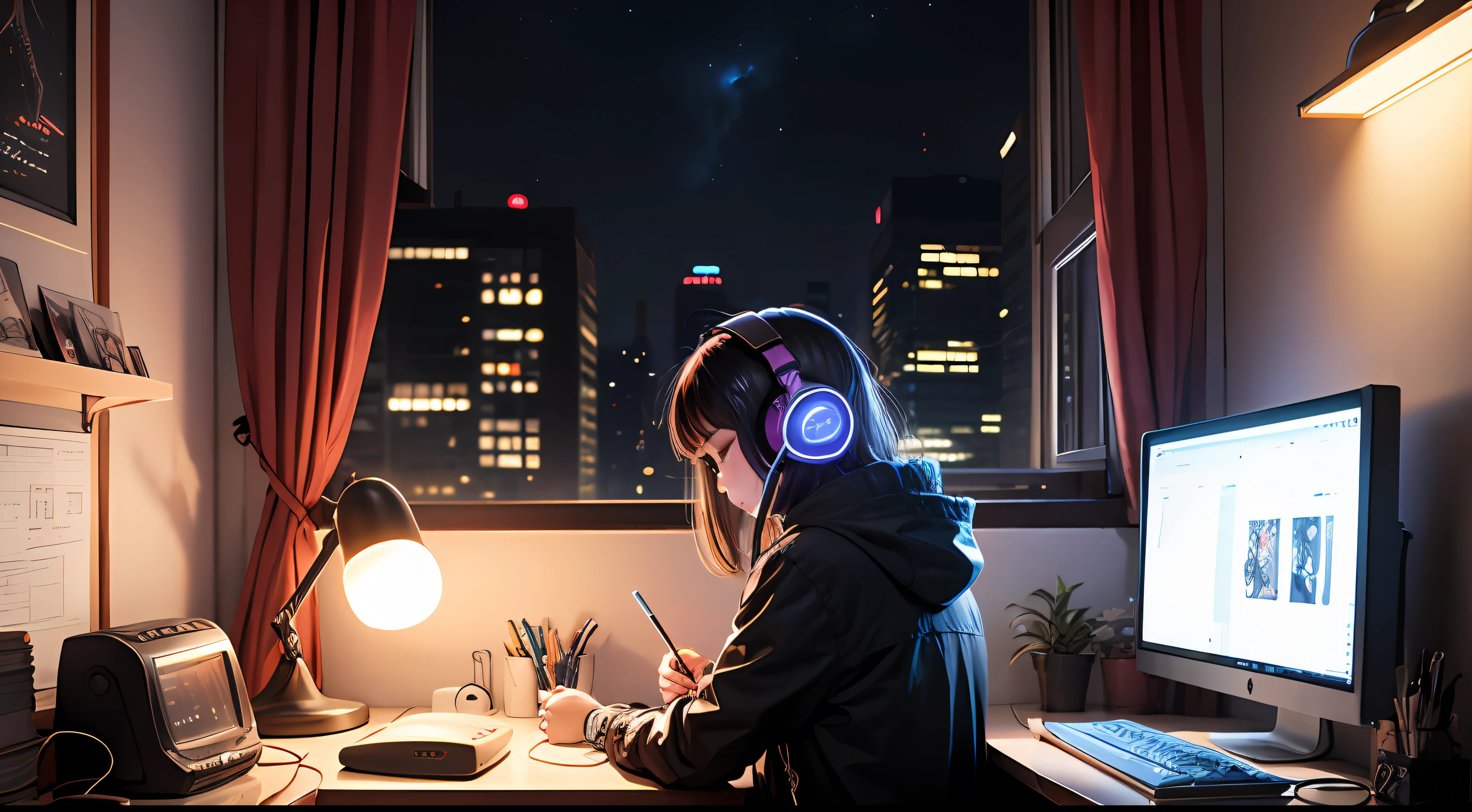 A female、1 person、90's anime style、night、studio、kk、Girl wearing headphones、Late Night Room、Listening to music alone、City Pop、Low image quality、Lo-Fi、Chill、late evening、Rooms for single people、Dark room、Outside the window is a night view of the near future、cyber punk、studio 、Work on a computer、Room of junk、Sad atmosphere、Beautiful night view、neon、headphones --auto