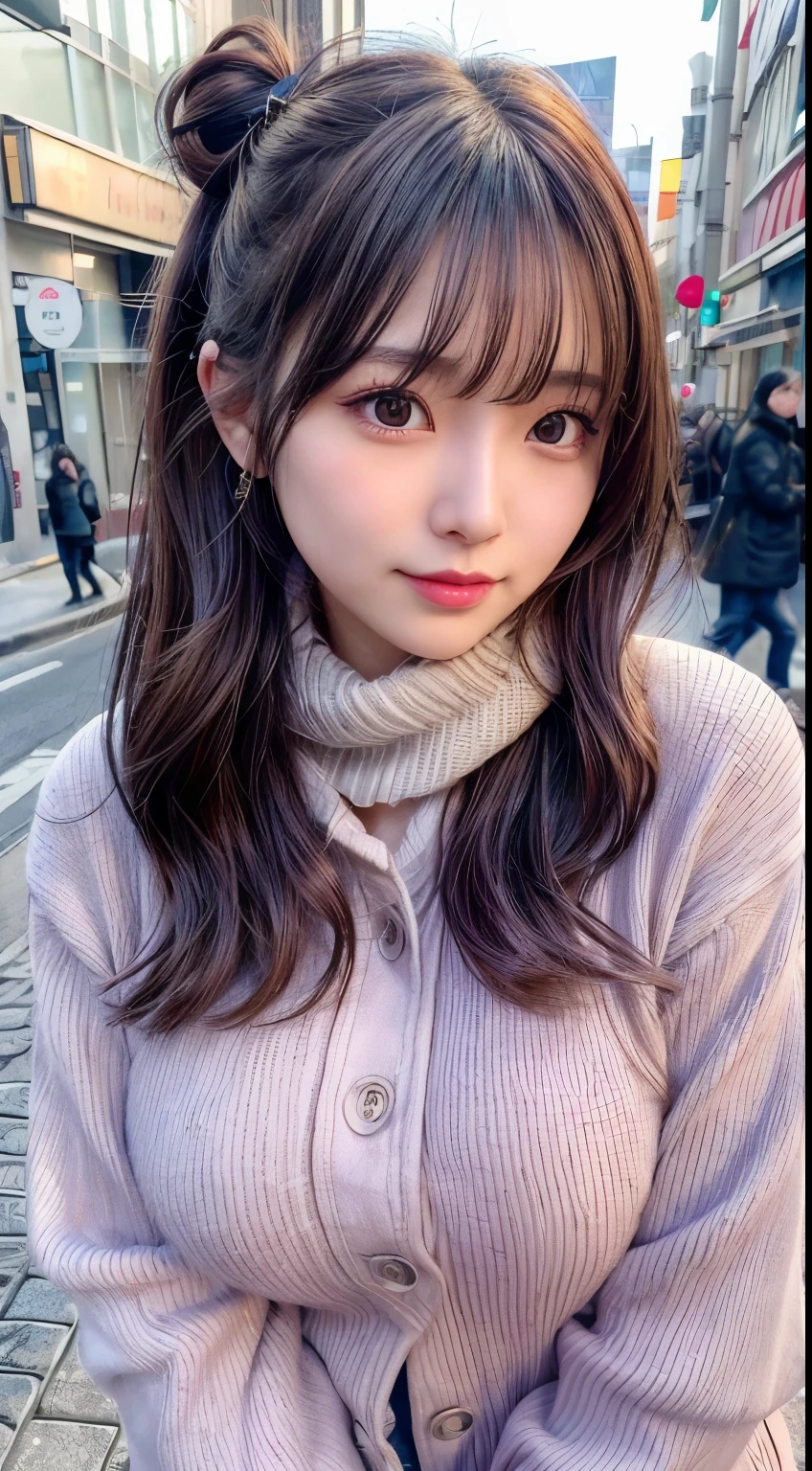 blush,random hair,big ribbon in her hair,(8k, RAW photo, highest quality, pieces fly:1.2), (reality, realistic:1.4), ,sharp focus on huge tits, written boundary depth, cinematic lighting, soft light, Details beauty eye,shiny and smooth skin, asymmetrical bangs, shiny skin, super dense skin ,High resolution, high detail, detailed hairstyle, detailed beauty face, hyper real, perfect limbs, perfect ??????? ,1 Japanese girl,famous japanese idol, perfect female body,shy smile,short eyelashes,double eyelid,look straight here,,wear a ribbon, wearing a scrunchie,wearing a long coat,street,stand up straight and face me,so that the whole body can be seen,winter,warm clothes,look straight at me,wearing a scarf,european cityscape,cobblestone road,big breasts、wearing star earrings
