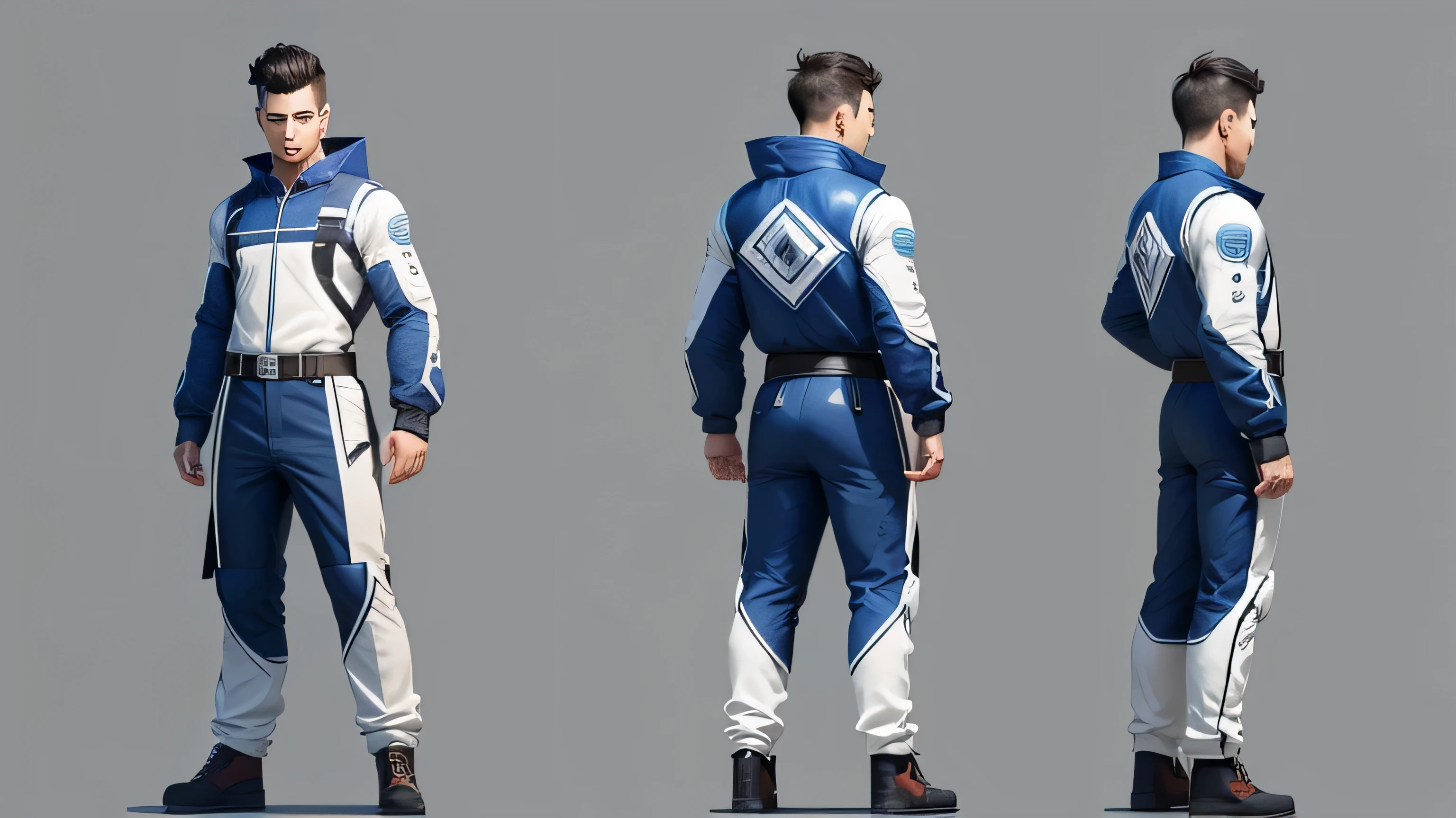 two-dimensional，30 year old male character，Generate three views，Front view、side view and rear view，Maintain consistency and uniformity
