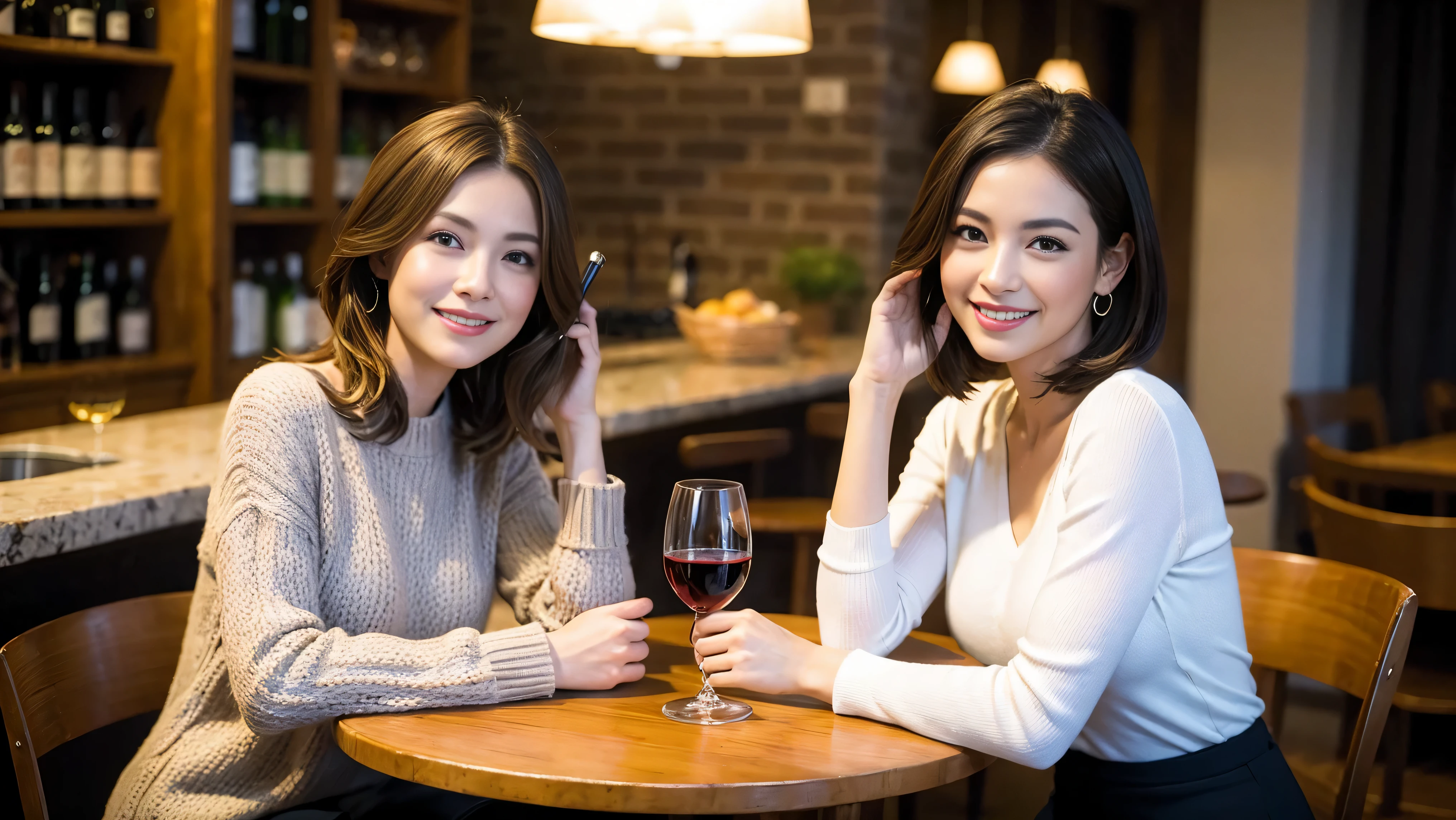 (including 64k、nffsw、highest quality、masterpiece:1.2)、(realistic、Photoreal:1.37)、Super detailed、wine glass、while enjoying wine、mature woman、two beautiful women、(slim face)、(because I'thin)、(brown hair)、(shortcut)、Latino、smileのフランス人女性、happy italian girl、british woman、Americana、cheeks are a little red、(38 years)、42 years old、35 years old、red wine、窓の外には美しく緻密なnight景が広がります.......、restaurant、目立つ場所にあるwine glass、night、(from the waist up)、sit on top、date、(laughter:1.15)、thin and beautiful eyes、cashmere sweater、long sleeve dress、Japanese、(short hair:1.2)、Float NovaFrogStyle、、modeled、from the waist up、White wine、turned into slime、wine glass、超綺麗なnight景、wine glassを真ん中に置きます、smile、(8k、RAW photo、highest quality、masterpiece:1.2)、(realistic、Photoreal:1.37)、Super detailed、ultra high resolution、2 females、see the beholder、beautiful and detailed face、laughter、narrow、(slim waist) :1.3)、knit shirt、Fine and beautiful skin、skin texture、floating hair、professional light needle breast、kind eyes