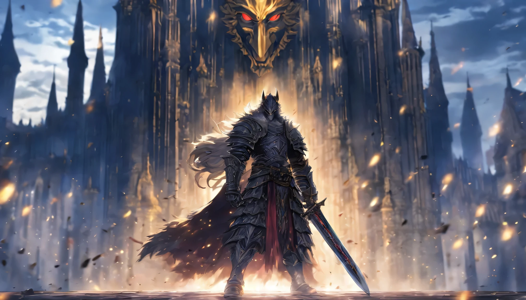 Animated character holding a knife in front of a building, fallen article, from ararticles, gothic article, evil article, A wolf'style, fantasy article, article, Royal Emperor, dark souls article, grey-white plated armor, Wearing heavy armor with a cloak, Black heavy armor with gold trim, Smooth animated CG art, aorta, shining sword