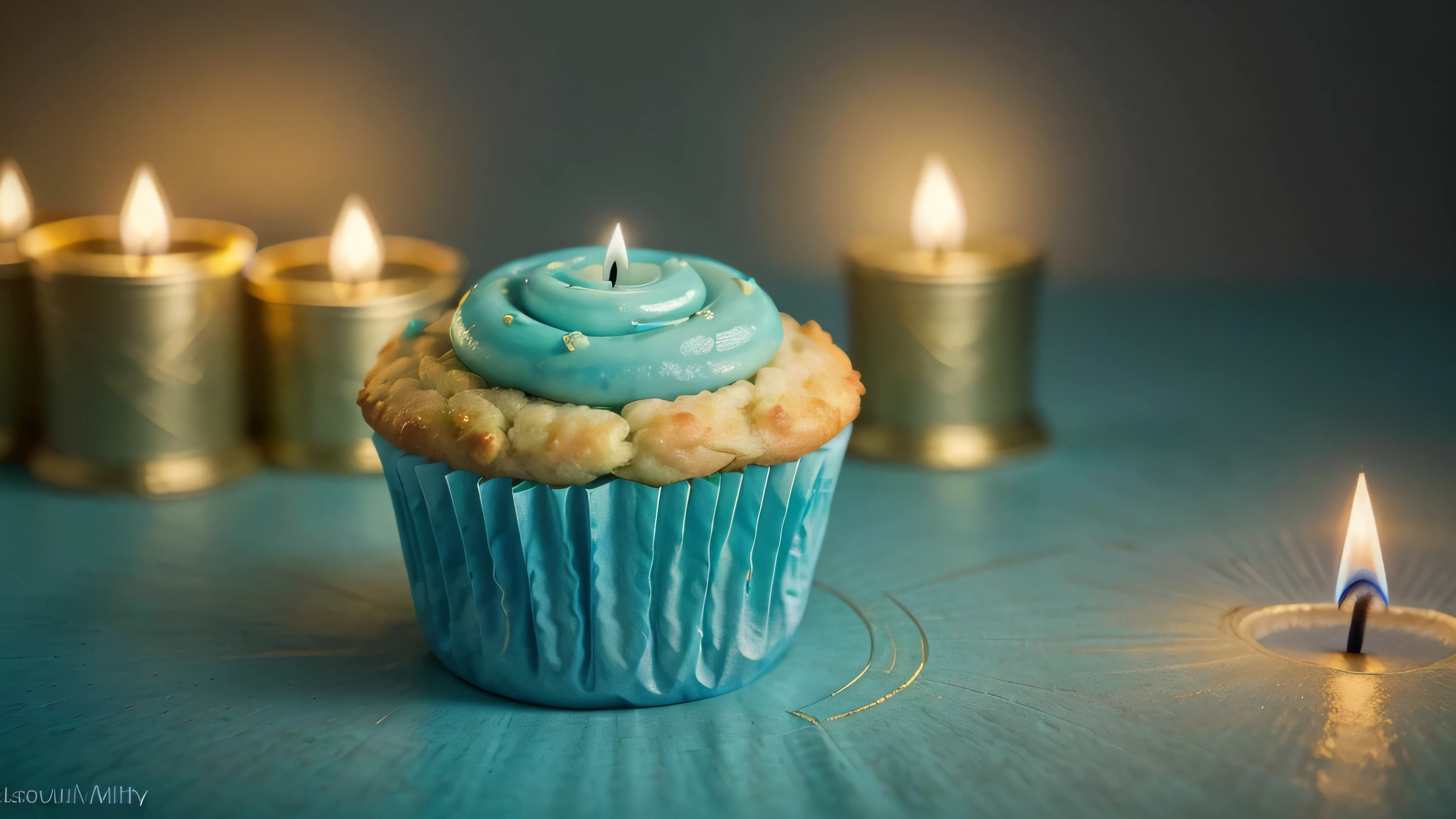 Un plat parfaitement cuit, petit muffin posé élégamment sur un fond turquoise, sa surface impeccablement lisse et dorée. Une seule bougie d'anniversaire scintille avec une flamme délicate sur le dessus. This photorealistic image, probablement une peinture, dégage un sentiment de minimalisme et de simplicité. Every crumb of the muffin is meticulously detailed, and the candlelight casts a soft glow on the scene. L'attention de l'artiste aux détails est remarquable, capturer l'essence of this quiet moment with precision and finesse.