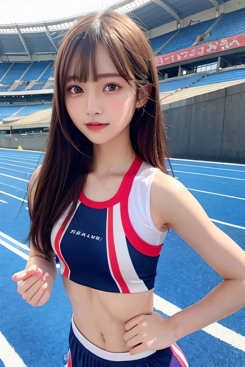 pieces fly、masterpiece、highest quality、Super detailed、High resolution、High resolution、8K portrait、Unity 8k壁紙のHigh resolutionCG、unity 8k wallpaper、cute:1.5、:1.5、Highly detailed CG unity 8k wallpaper、realistic、real person、cute、 portrait photography、shiny skin、High resolution、(20-year-old:1.2)、(1 girl)、beautiful clear eyes、very detailed explanation、delicate face、nice lips、slender body、thin waist、long and thin legs、(athletics stadium:1.3)、(small breasts:1.4)、(Colorful sleeveless track and field uniform:1.4)、(The nipples are transparent:1.4)、(smile:1.2)、(abs:1.4)、(take a pose:1.3)