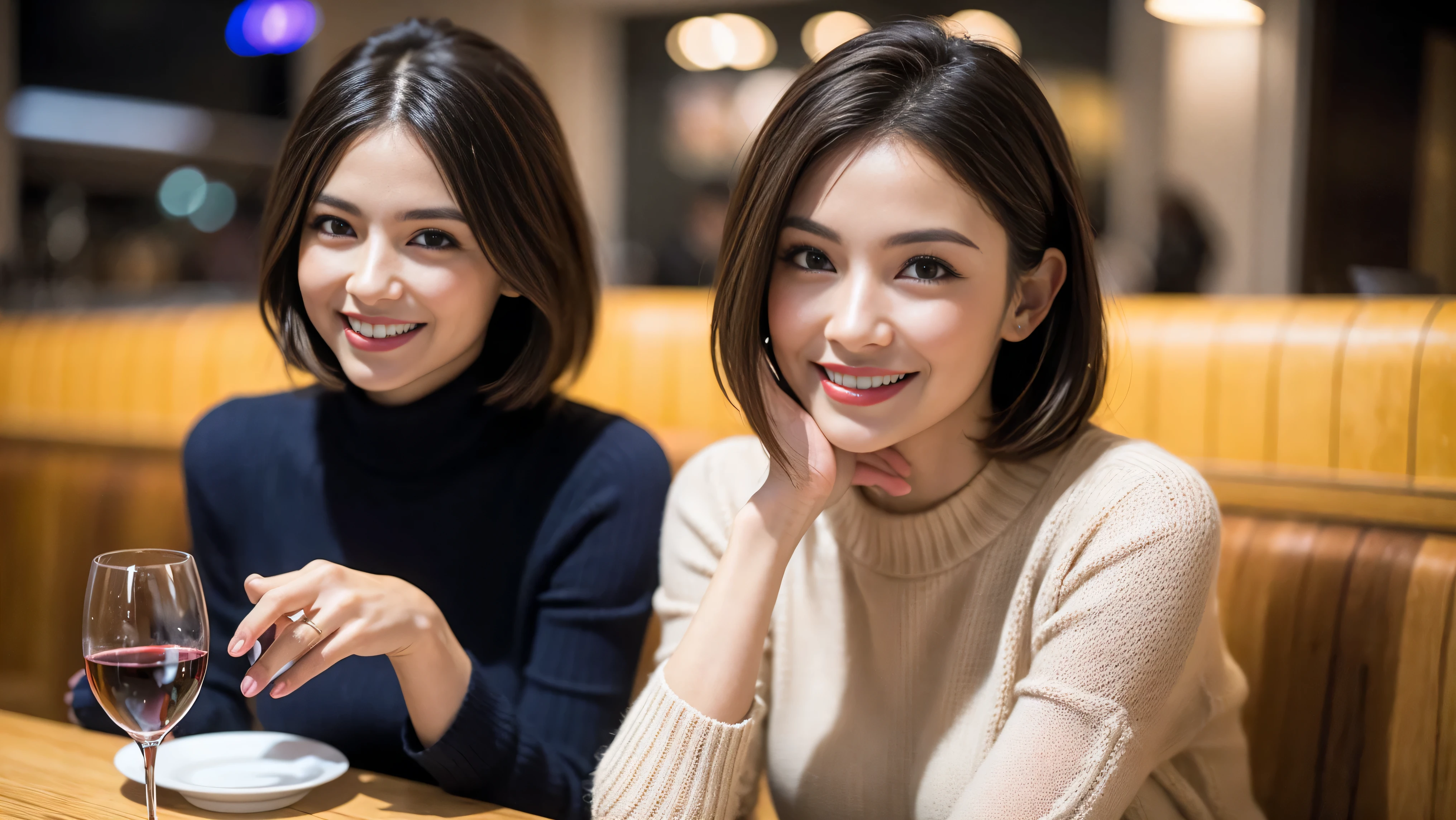 (including 64k、nffsw、highest quality、masterpiece:1.2)、(realistic、Photoreal:1.37)、Super detailed、White wine、red wine、wine glass、wine bottle、sparkling wine、while enjoying wine、mature woman、two beautiful women、(slim face)、(because I'thin)、(brown hair)、(shortcut)、Latino、smileのフランス人女性、happy italian girl、british woman、Americana、cheeks are a little red、(38 years)、42 years old、35 years old、red wine、窓の外には美しく緻密なnight景が広がります.......、restaurant、目立つ場所にあるwine glass、night、(from the waist up)、sit on top、date、(laughter:1.15)、thin and beautiful eyes、cashmere sweater、long sleeve dress、Japanese、(short hair:1.2)、Float NovaFrogStyle、、modeled、from the waist up、White wine、turned into slime、wine glass、超綺麗なnight景、wine glassを真ん中に置きます、smile、(8k、RAW photo、highest quality、masterpiece:1.2)、(realistic、Photoreal:1.37)、Super detailed、ultra high resolution、2 females、see the beholder、beautiful and detailed face、laughter、narrow、(slim waist) :1.3)、knit shirt、Fine and beautiful skin、skin texture、floating hair、professional light needle breast、kind eyes
