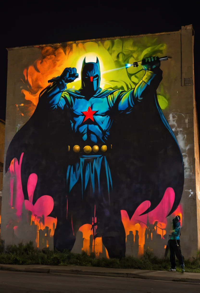 A close-up shot of a mysterious figure spray-painting a massive mural on an urban wall at night, illuminated only by the streetlights. The mural depicts a comic scene of heroes and villains locked in battle, with vibrant colors that seem to glow in the dark. The figure's silhouette is detailed, with hints of their identity hidden in the shadows. Created Using: chiaroscuro lighting, vivid neon colors, silhouette mystery, storytelling through art, dynamic angles, night-time ambiance, graffiti artistry, urban legend,   visual narrative 