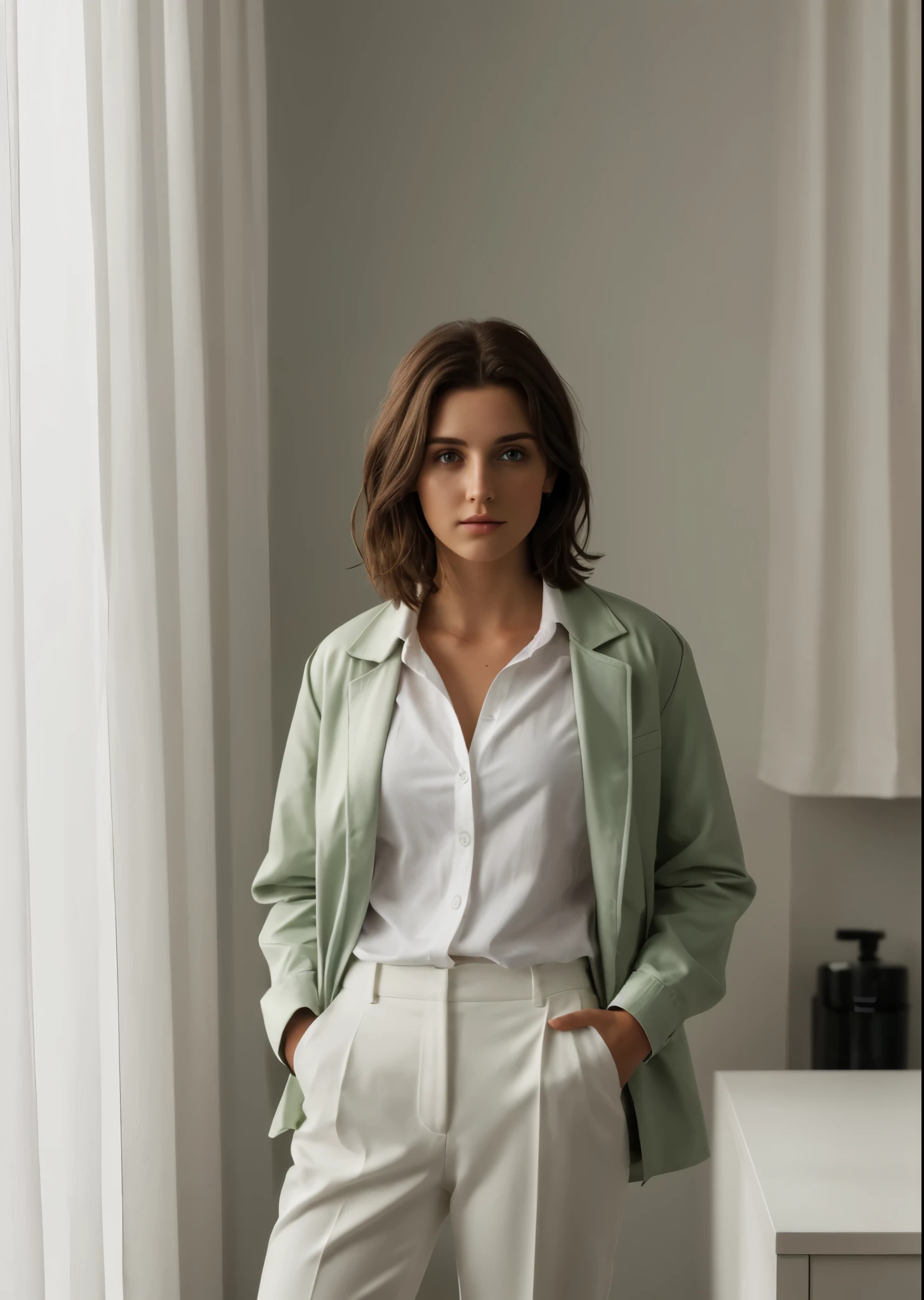 wearing a white shirt and dark green jacket and white flared formal pants:1.2, Looking at Viewer, full body view, Cinematic lighting, Perfect, softlight, High resolution skin:1.2, Realistic skin texture, 24 years old woman、a small face、no-makeup,Bust B Cup, no cleavage show, Blue eyes, Short hair, dark brown hair、athletic body, aesthetic curtains in background, defined eyes