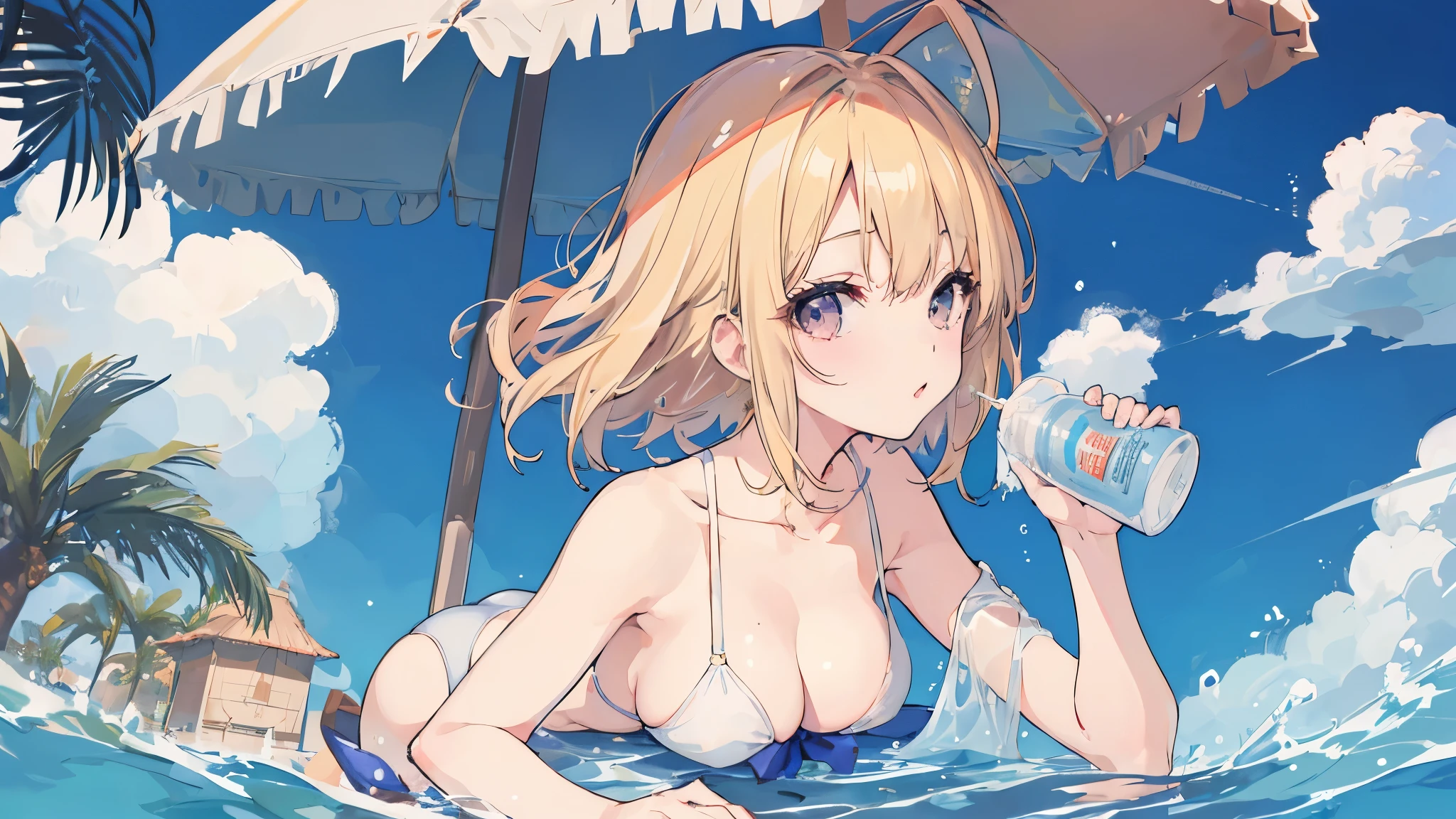 swimsuit、Posing a gravure idol、blonde hair、1 girl、breast milk、