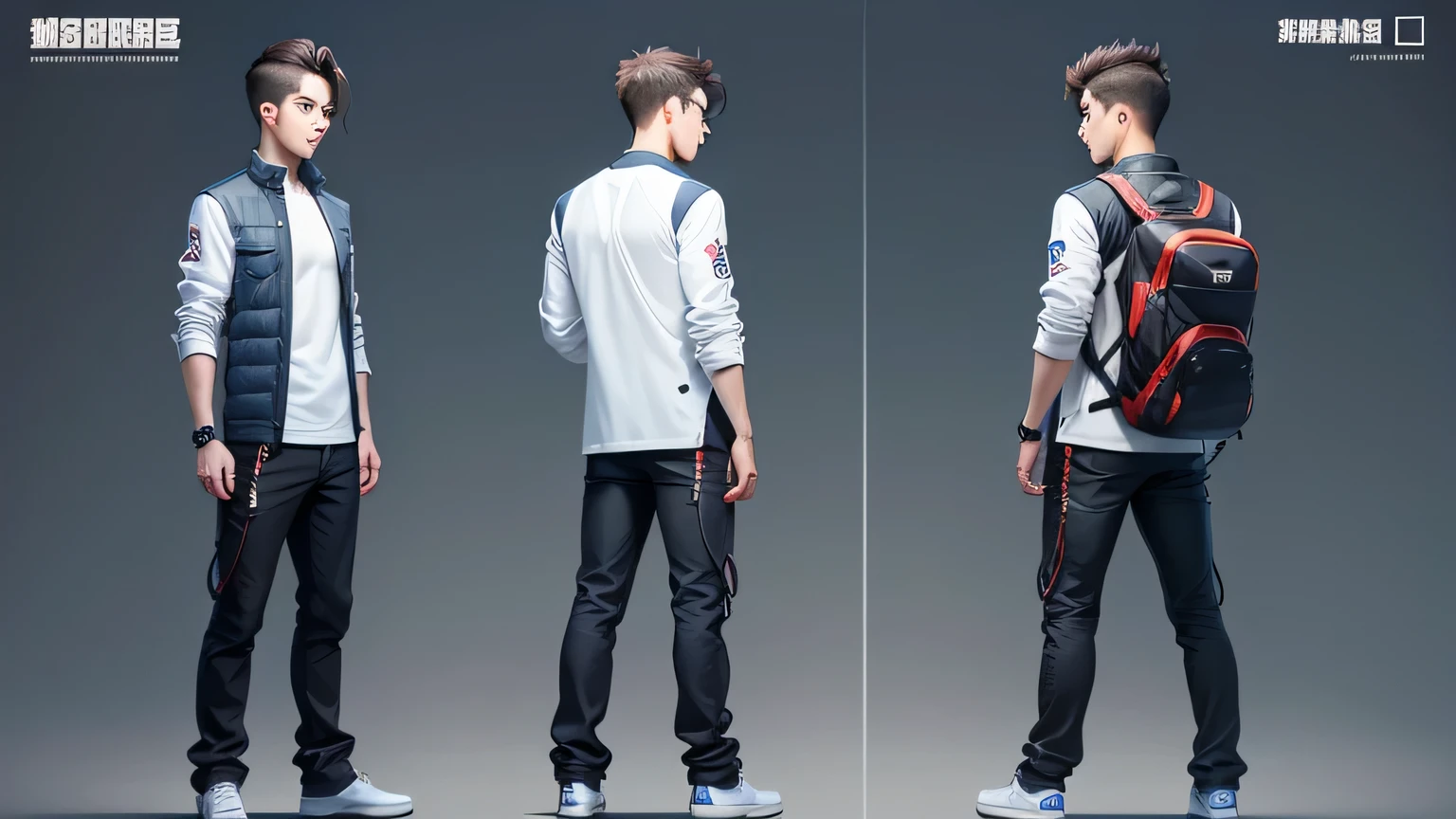 two-dimensional,20 year old male character,Generate three views,Front view、side view and rear view,Maintain consistency and uniformity