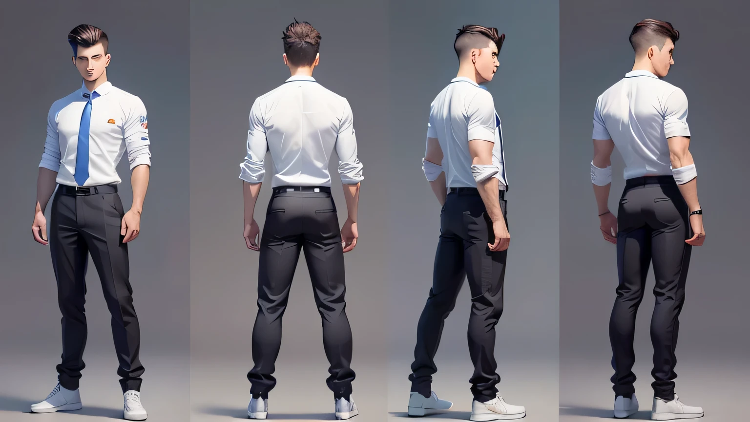 two-dimensional,20 year old male character,Generate three views,Front view、side view and rear view,Maintain consistency and uniformity