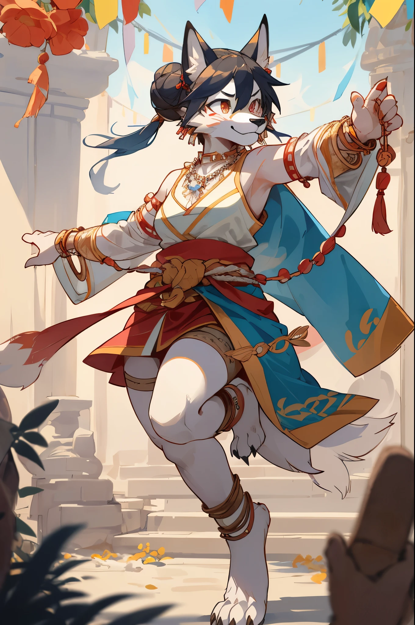 top quality, ancient Chinese beauty(highly detailed beautiful face and eyes)absurdres, perfect anatomy((beast woman, solo focus)) (((furry))) (furry anthro:1.7) ((((Furry body, fox facial features, fox body features)))) ((fox's muzzle, very detailed body fur))full body, dancing pose, gorgeous dress embroidered with intricate embroidery, transparent colorful ribbons tied around her arms, bare shoulders, open neck, wreath, black bun with flower hairpins Belts, armbands with streamers, necklaces, bracelets, anklets, metal chain tassels around the waist, Mogao Grottoes art, inspiration from Dunhuang Flying Apsaras murals, ink wash,