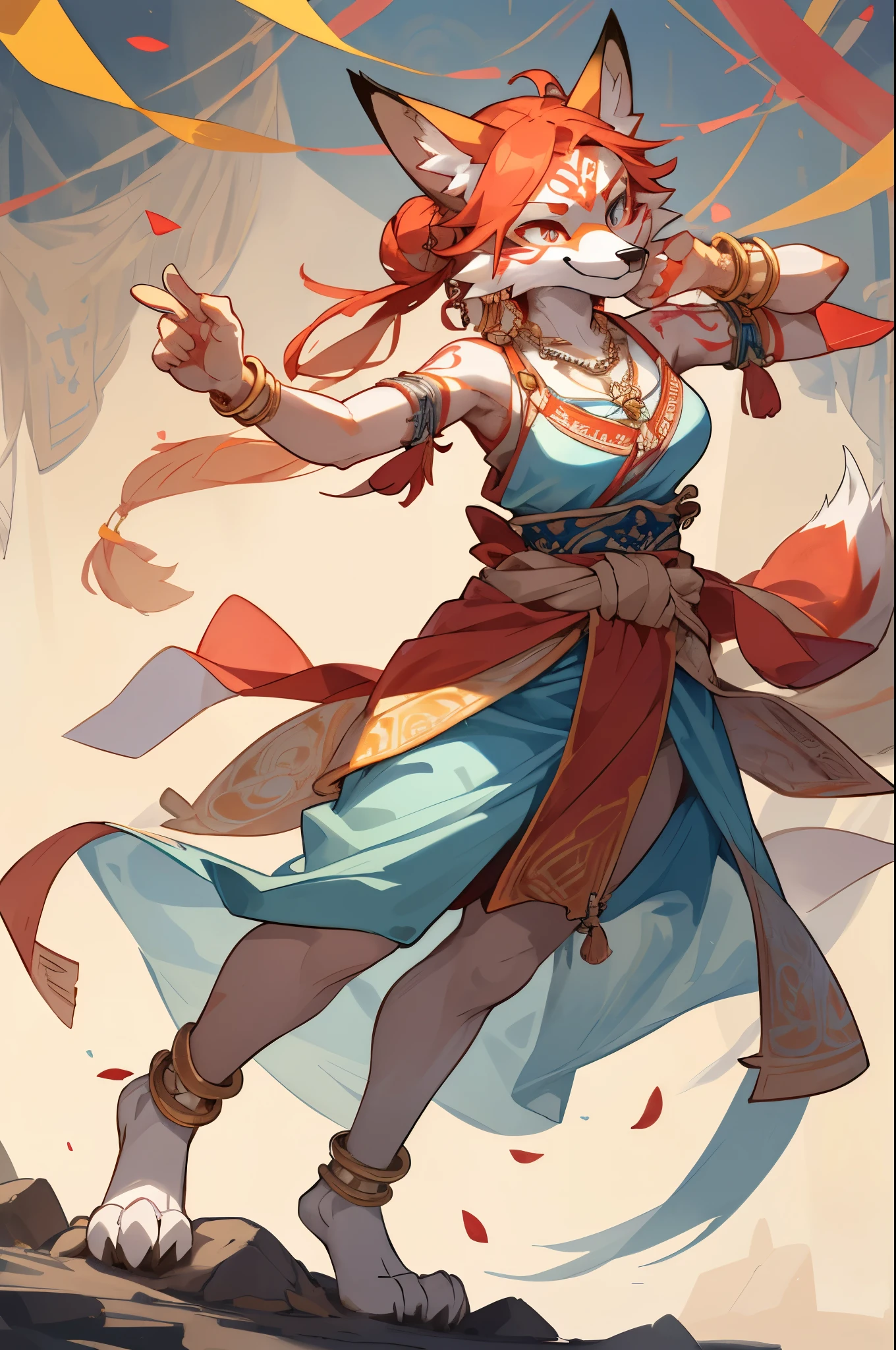 top quality, ancient Chinese beauty(highly detailed beautiful face and eyes)absurdres, perfect anatomy((beast woman, solo focus)) (((furry))) (furry anthro:1.7) ((((Furry body, fox facial features, fox body features)))) ((fox's muzzle, very detailed body fur))full body, dancing pose, gorgeous dress embroidered with intricate embroidery, transparent colorful ribbons tied around her arms, bare shoulders, open neck, wreath, black bun with flower hairpins Belts, armbands with streamers, necklaces, bracelets, anklets, metal chain tassels around the waist, Mogao Grottoes art, inspiration from Dunhuang Flying Apsaras murals, ink wash,