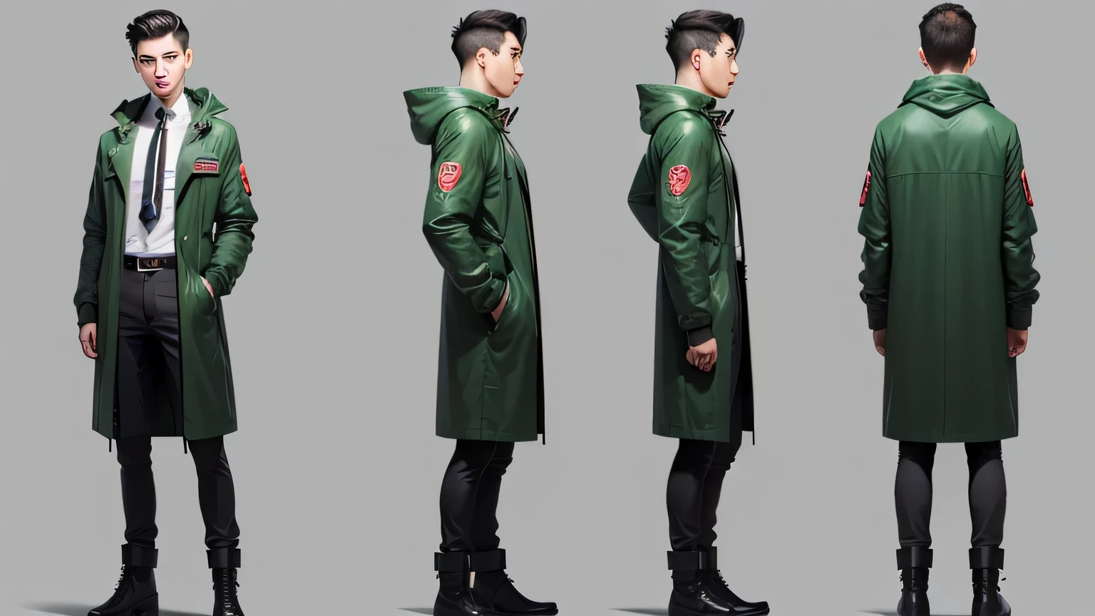 two-dimensional,20 year old male character,Generate three views,Front view、side view and rear view,Maintain consistency and uniformity