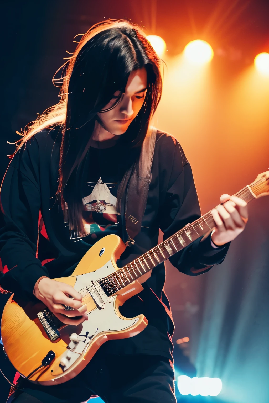 long hair man playing guitar on stage, 4K anime style, 非常にDetailed Art Germ, Nightcore, Detailed Art Germ, art germ style, anime art wallpaper 4k, anime art wallpaper 4k, art germ style, Epic 3d abstract emo boy, art germ style, background art, lockout