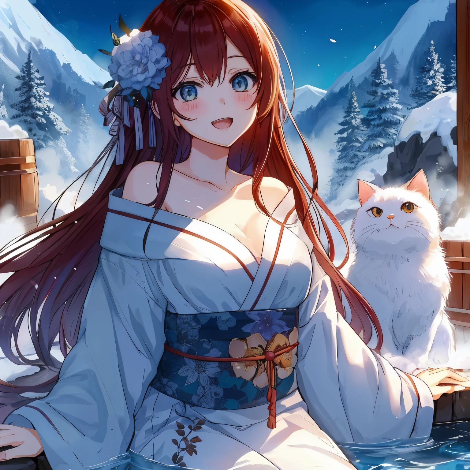 anime long hair girl sitting in a hot tub with a cat, Beautiful anime girl, Beautiful anime catgirl, anime style 4k, Beautiful anime woman, Beautiful anime portrait, very Beautiful anime cat girl, Beautiful anime, cute anime girl, Beautiful anime style, anime long hair girl, 4k comic wallpaper, Beautiful charming anime woman