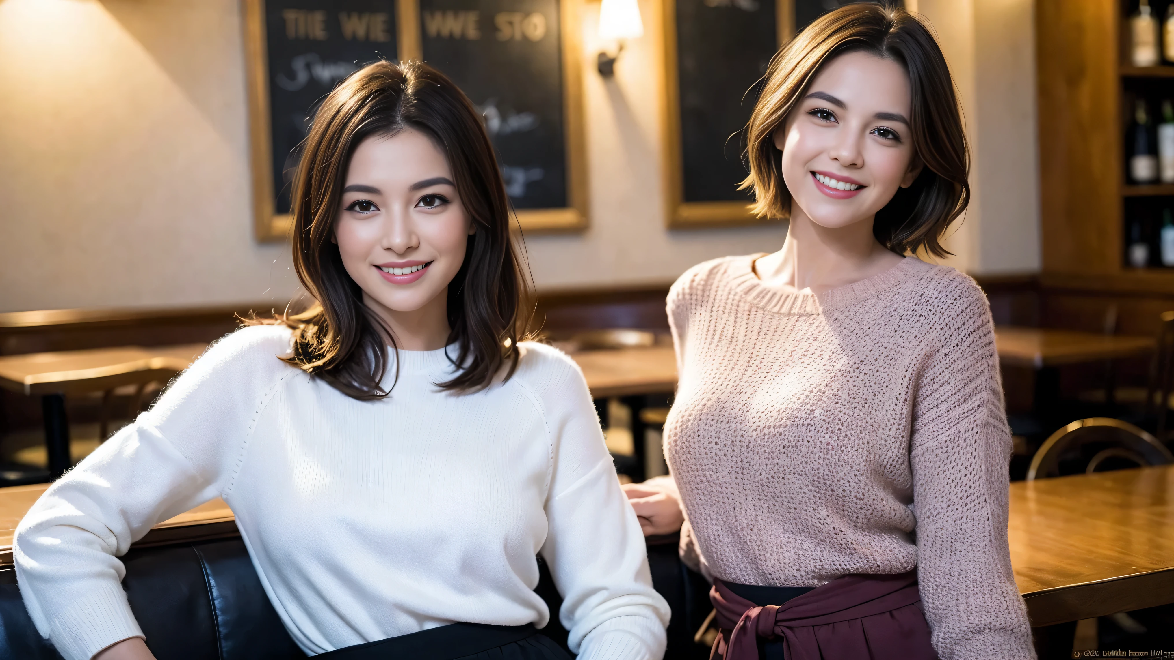 (including 64k、nffsw、highest quality、masterpiece:1.2)、(realistic、Photoreal:1.37)、Super detailed、wine glass、while enjoying wine、mature woman、two beautiful women、(slim face)、(because I'thin)、(brown hair)、(shortcut)、Latino、smileのフランス人女性、happy italian girl、british woman、Americana、cheeks are a little red、(36 years old)、39 years old、red wine、窓の外には美しく緻密なnight景が広がります.........、restaurant、目立つ場所にあるwine glass、night、(from the waist up)、sit on top、date、(laughter:1.15)、thin and beautiful eyes、cashmere sweater、long sleeve dress、Japanese、(short hair:1.2)、Float NovaFrogStyle、、modeled、from the waist up、White wine、turned into slime、wine glass、超綺麗なnight景、wine glassを真ん中に置きます、smile、(8k、RAW photo、highest quality、masterpiece:1.2)、(realistic、Photoreal:1.37)、Super detailed、超A high resolution、2 females、see the beholder、beautiful and detailed face、laughter、narrow、(slim waist) :1.3)、knit shirt、Fine and beautiful skin、skin texture、floating hair、professional light needle breast、kind eyes