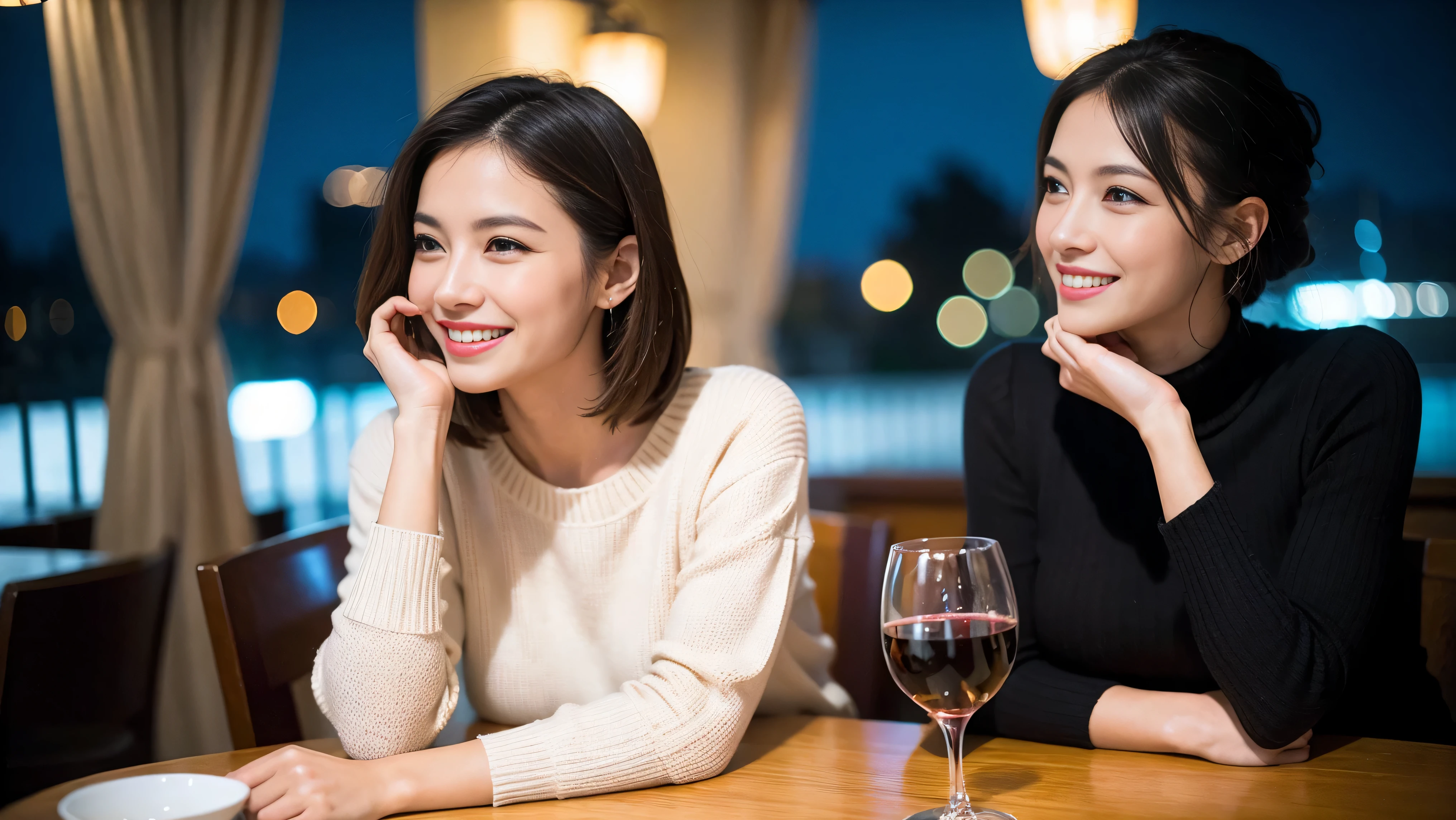 (including 64k、nffsw、highest quality、masterpiece:1.2)、(realistic、Photoreal:1.37)、Super detailed、wine glass、while enjoying wine、mature woman、two beautiful women、(slim face)、(because I'thin)、(brown hair)、(shortcut)、Latino、smileのフランス人女性、happy italian girl、british woman、Americana、cheeks are a little red、(36 years old)、39 years old、red wine、窓の外には美しく緻密なnight景が広がります.........、restaurant、目立つ場所にあるwine glass、night、(from the waist up)、sit on top、date、(laughter:1.15)、thin and beautiful eyes、cashmere sweater、long sleeve dress、Japanese、(short hair:1.2)、Float NovaFrogStyle、、modeled、from the waist up、White wine、turned into slime、wine glass、超綺麗なnight景、wine glassを真ん中に置きます、smile、(8k、RAW photo、highest quality、masterpiece:1.2)、(realistic、Photoreal:1.37)、Super detailed、超A high resolution、2 females、see the beholder、beautiful and detailed face、laughter、narrow、(slim waist) :1.3)、knit shirt、Fine and beautiful skin、skin texture、floating hair、professional light needle breast、kind eyes