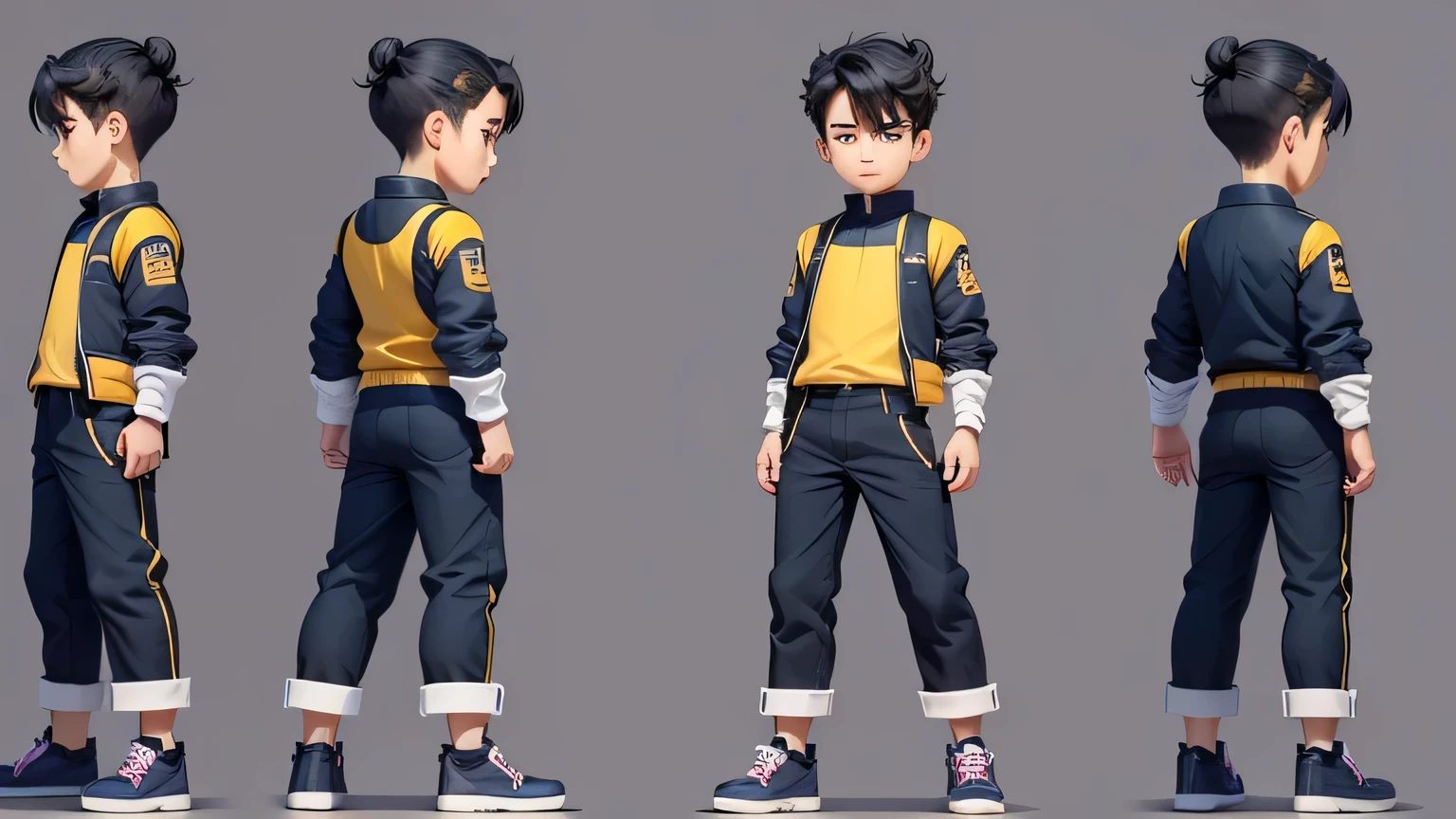 cartoon,10 year old male character,Generate three views,Front view、side view and rear view,Maintain consistency and uniformity
