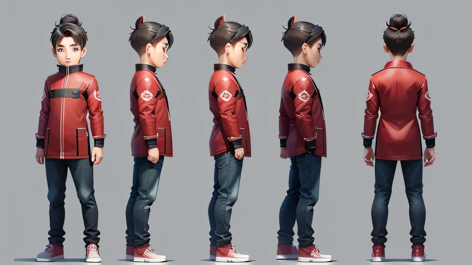 cartoon,10 year old male character,Generate three views,Front view、side view and rear view,Maintain consistency and uniformity