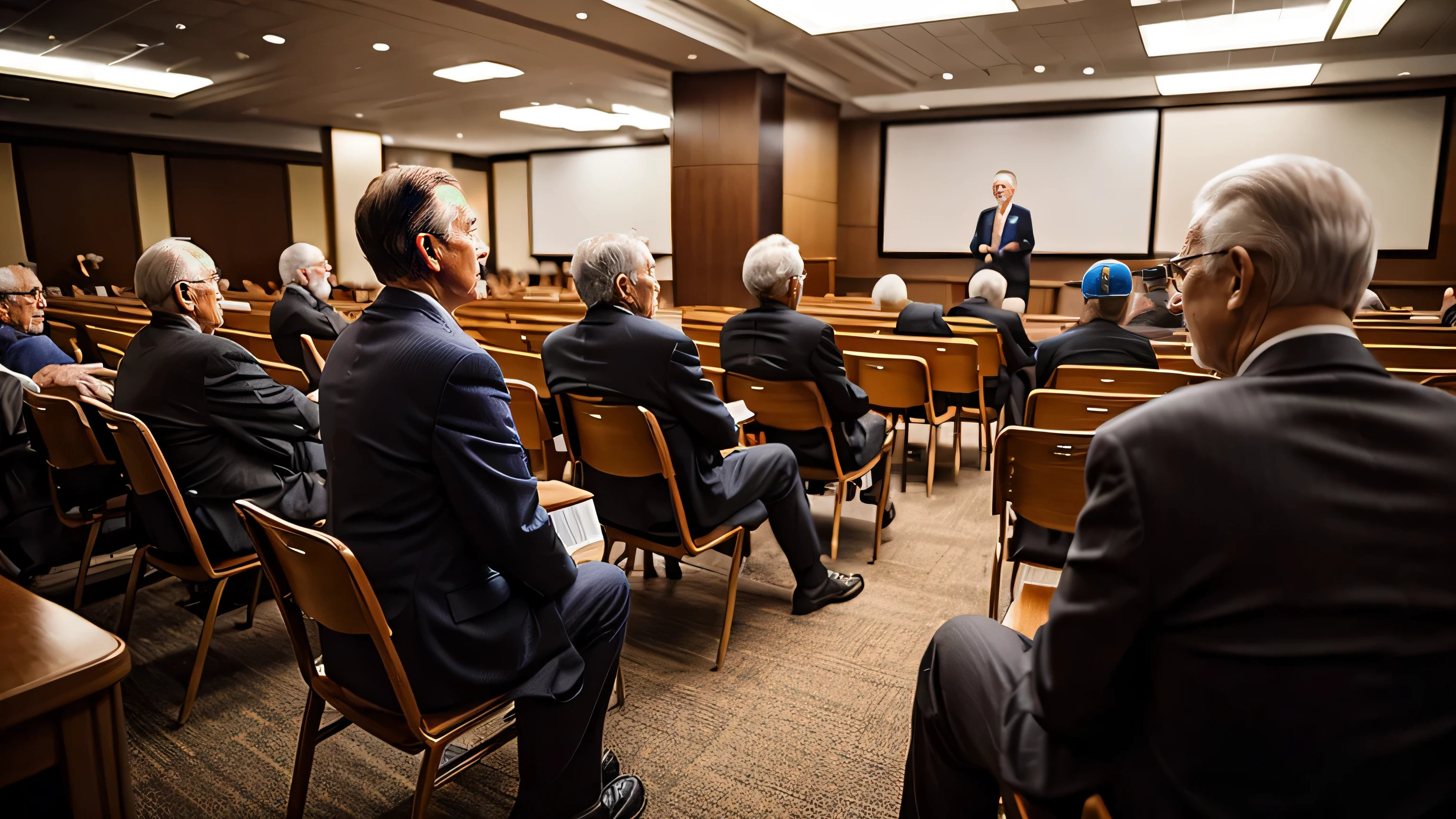 Jehovah&#39;witness、governing body、Elderly man speaking in a conference room、American、suit、High resolution