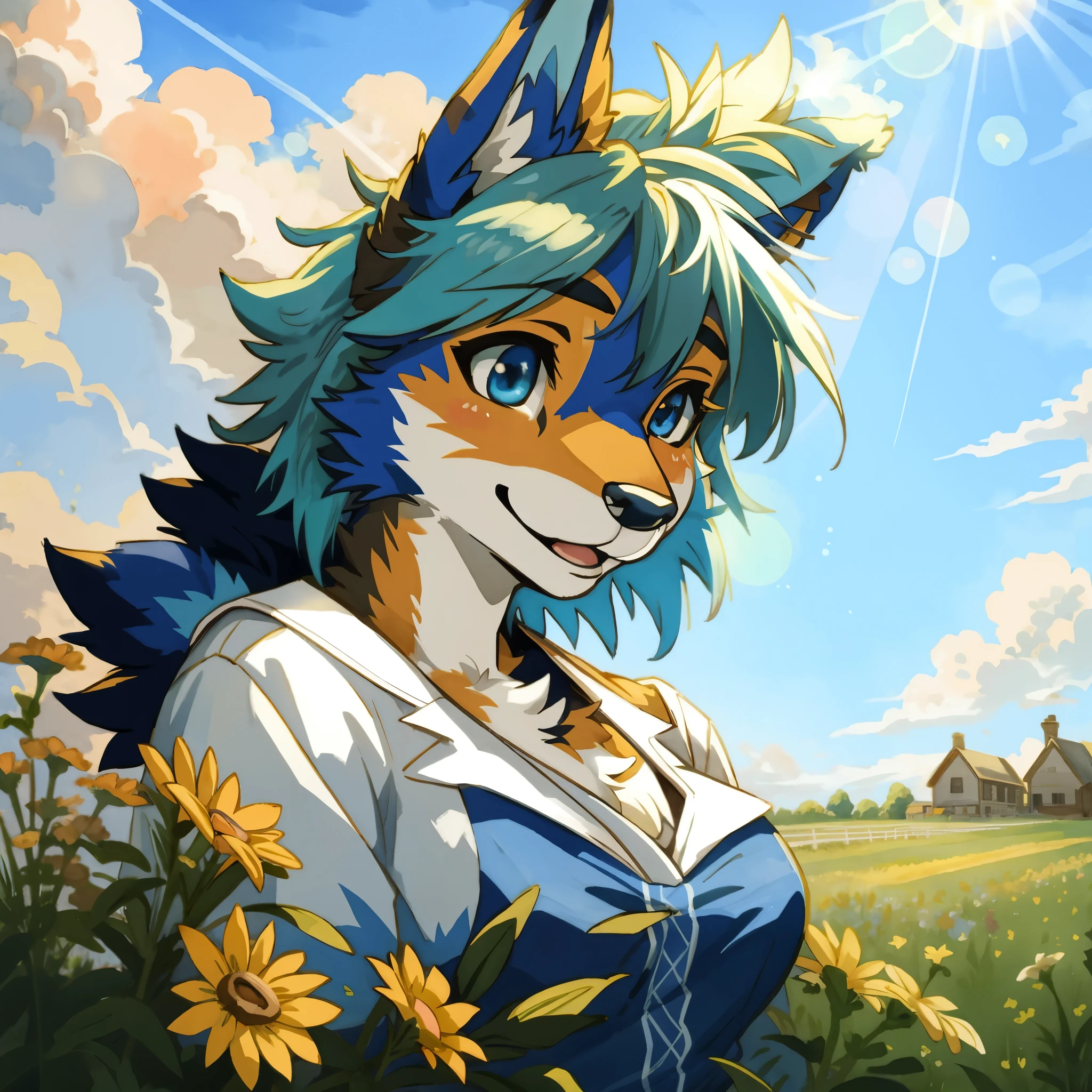 Stacia Burlington style, watercolor, soft color, Vintage images, highres, paid reward available, High-quality illustrations, unparalleled masterpiece(movie of life)Country farm, track, Blue sky and clouds, florals々Beautiful garden(furry anthro:1.7)absurdres(highly detailed beautiful face and eyes)perfect anatomy, expression, caustics, dynamic lighting, lens flare, deep shadow, dynamic angle,