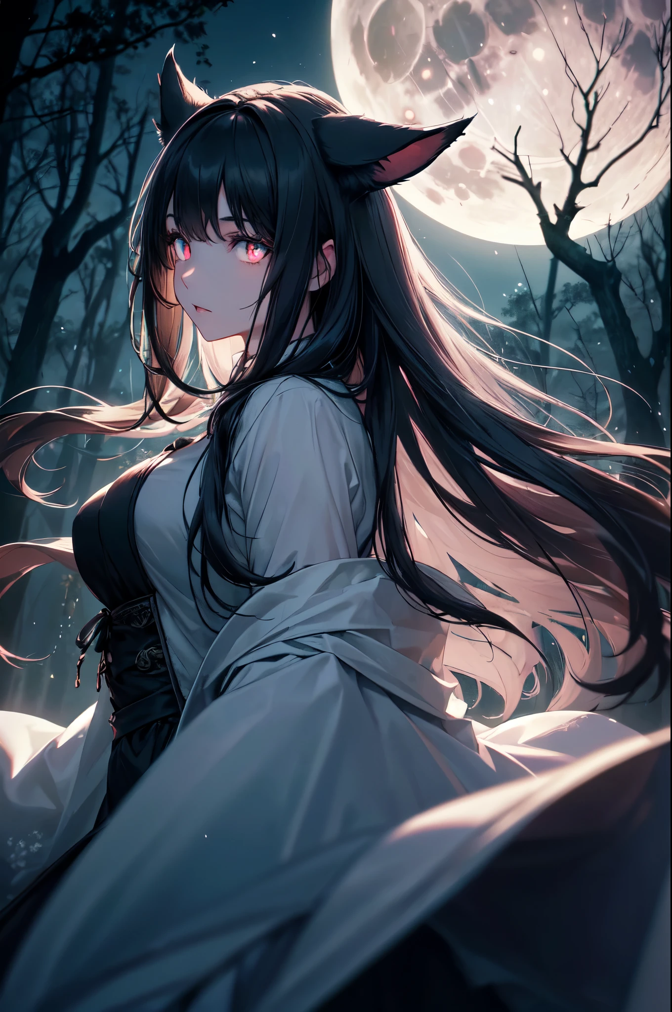 (High quality, High resolution, Fine details), Dog-eared woman, howling on a full moon night, horror, (moonlit), long hair flowing in the wind, pale skin, wisps of fog, haunted forest, silhouette of trees, solo, curvy women, (Glowing eyes:1.2), (Detailed eyes:1.2), shallow depth of field