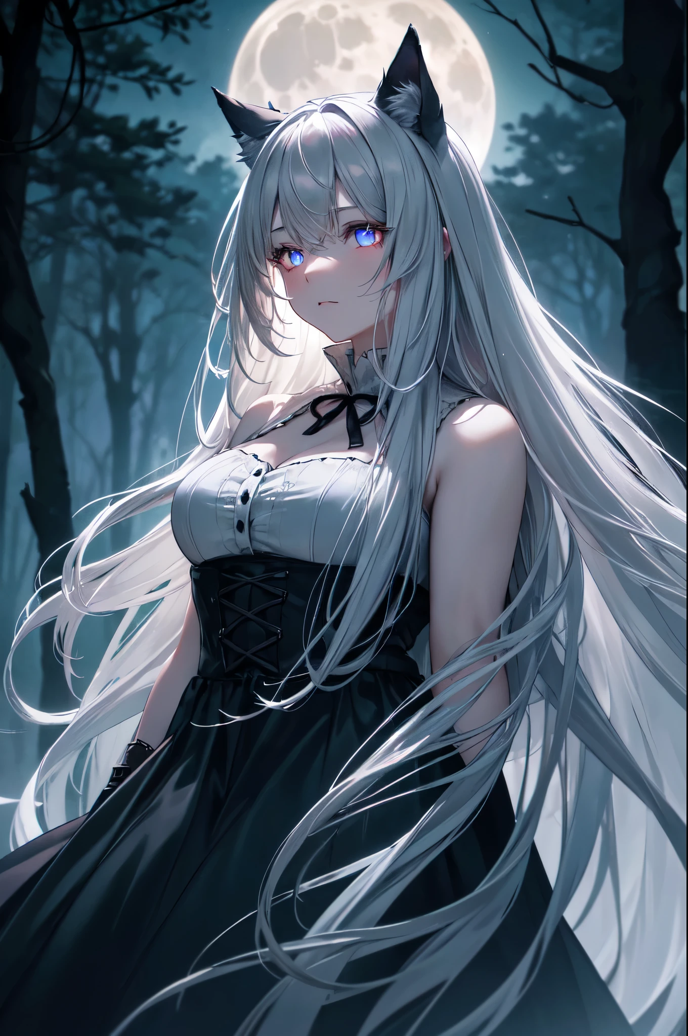 (High quality, High resolution, Fine details), Dog-eared woman, howling on a full moon night, horror, (moonlit), long gray hair flowing in the wind, pale skin, wisps of fog, haunted forest, silhouette of trees, solo, curvy women, (Glowing eyes:1.2), (Detailed eyes:1.2), shallow depth of field